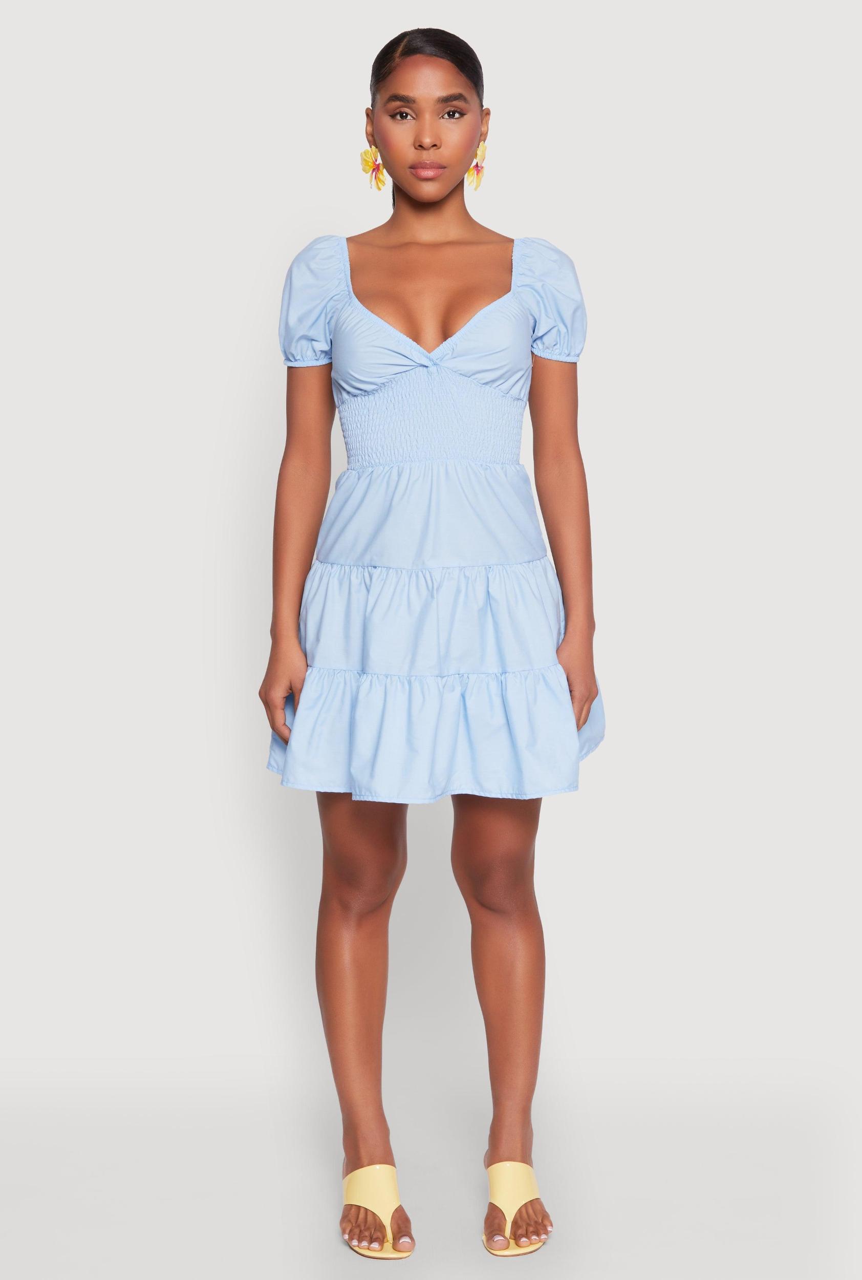 Womens Puff Sleeve Sweetheart Tiered Mini Dress Product Image