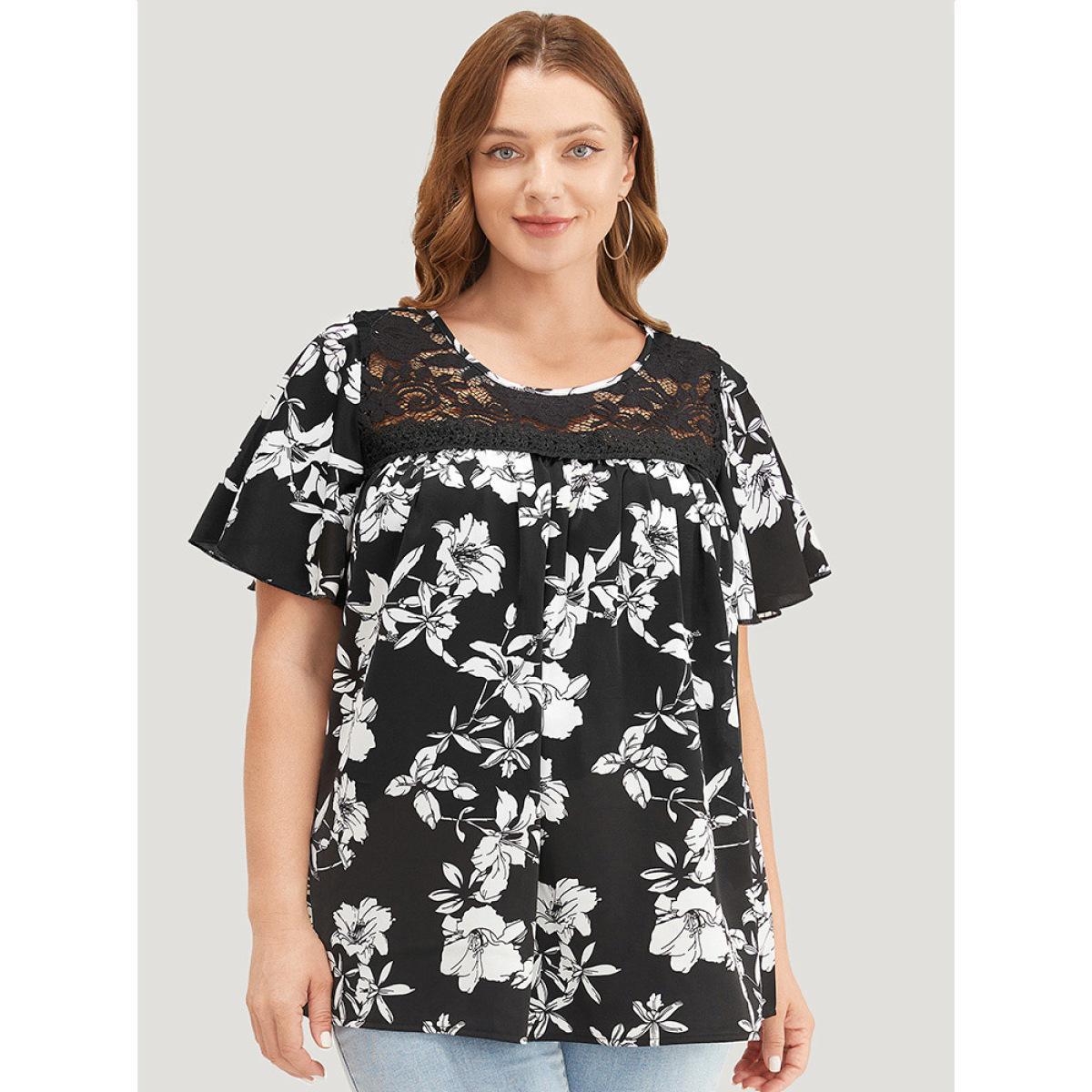Plus Size BlackFlower Floral Print Gathered Lace Patchwork Blouse Women Elegant Short sleeve Round Neck Dailywear Blouses BloomChic 12/L Product Image