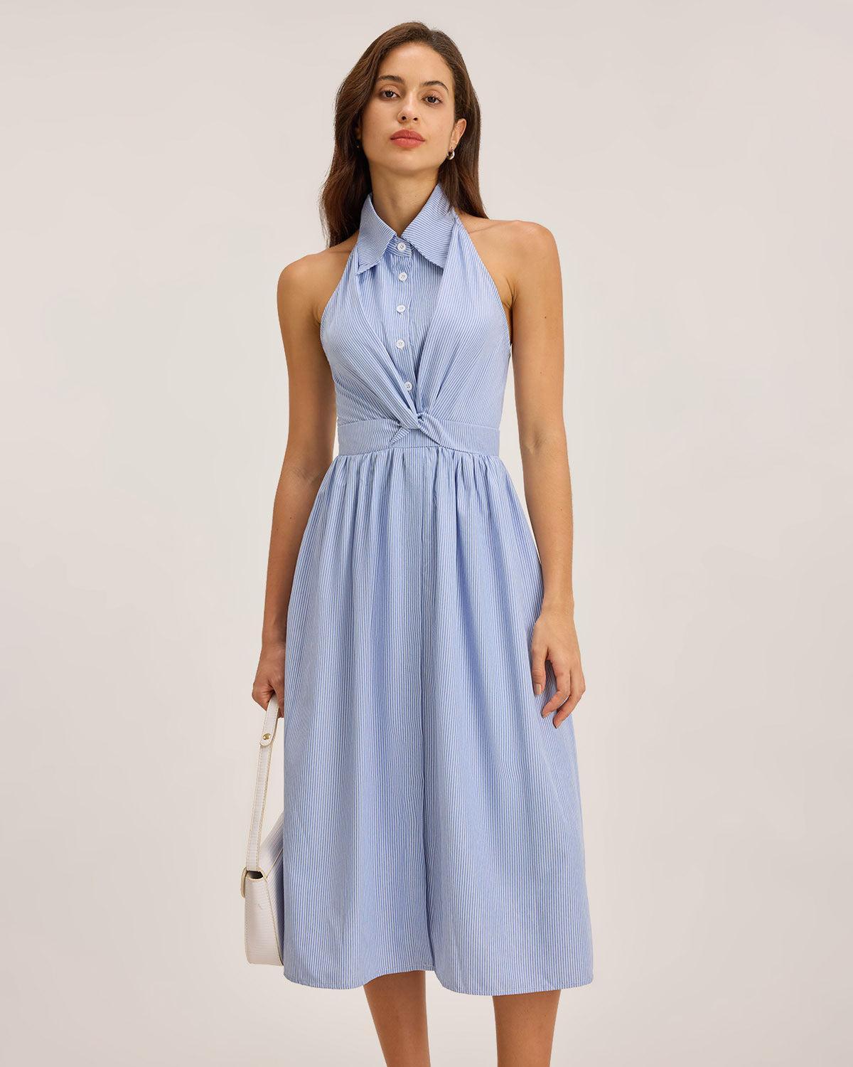 Blue Striped Twist Backless Midi Dress Product Image