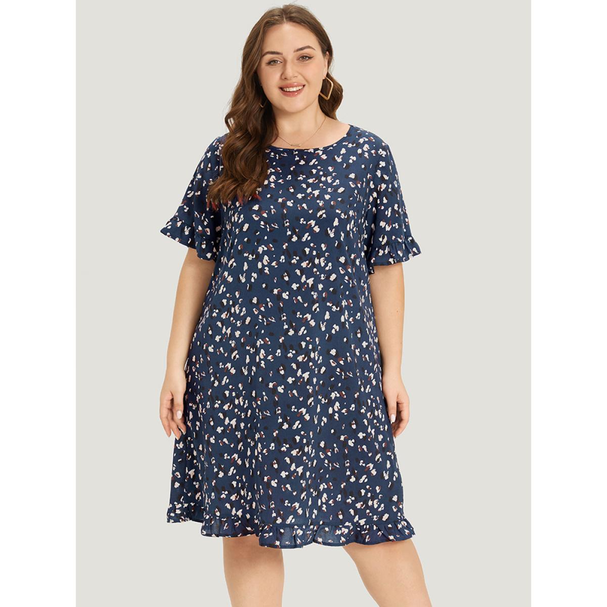 Plus Size Allover Print Pocket Flutter Trim Dress DarkBlue Women Elegant Pocket Round Neck Short sleeve Curvy Knee Dress BloomChic 18-20/2X Product Image