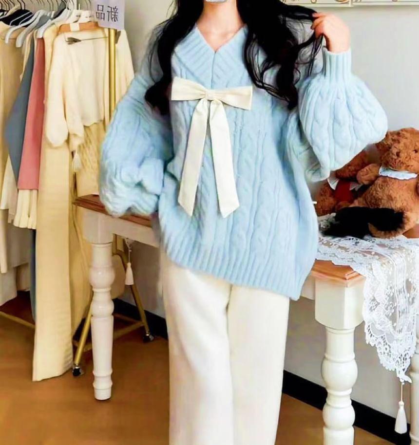 V-Neck Bow Cable Knit Sweater Product Image
