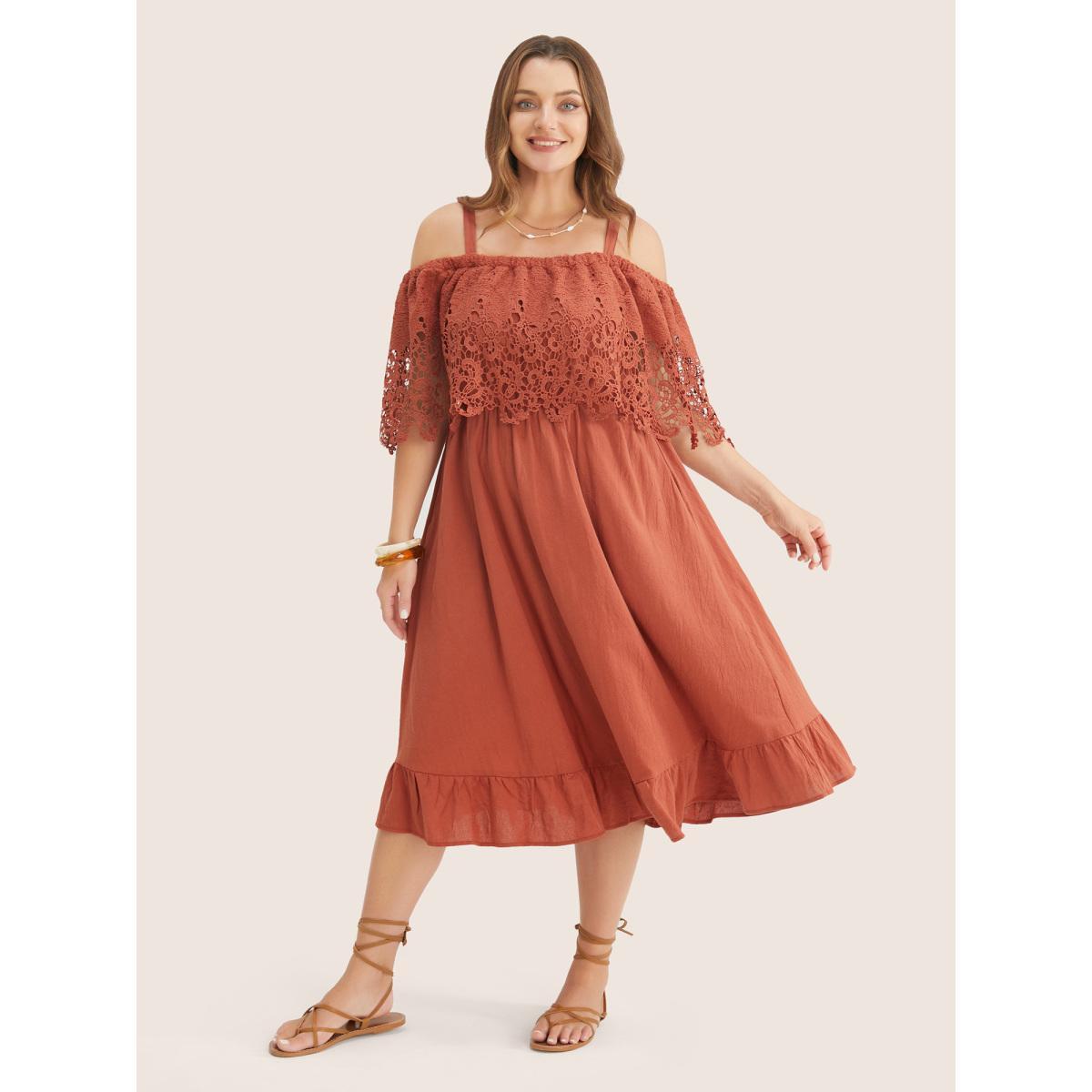 Plus Size Solid Cold Shoulder Contrast Lace Pocket Ruffle Hem Dress Chocolate Women Resort Broderie anglaise Non Short sleeve Curvy Midi Dress BloomChic 10/M Product Image