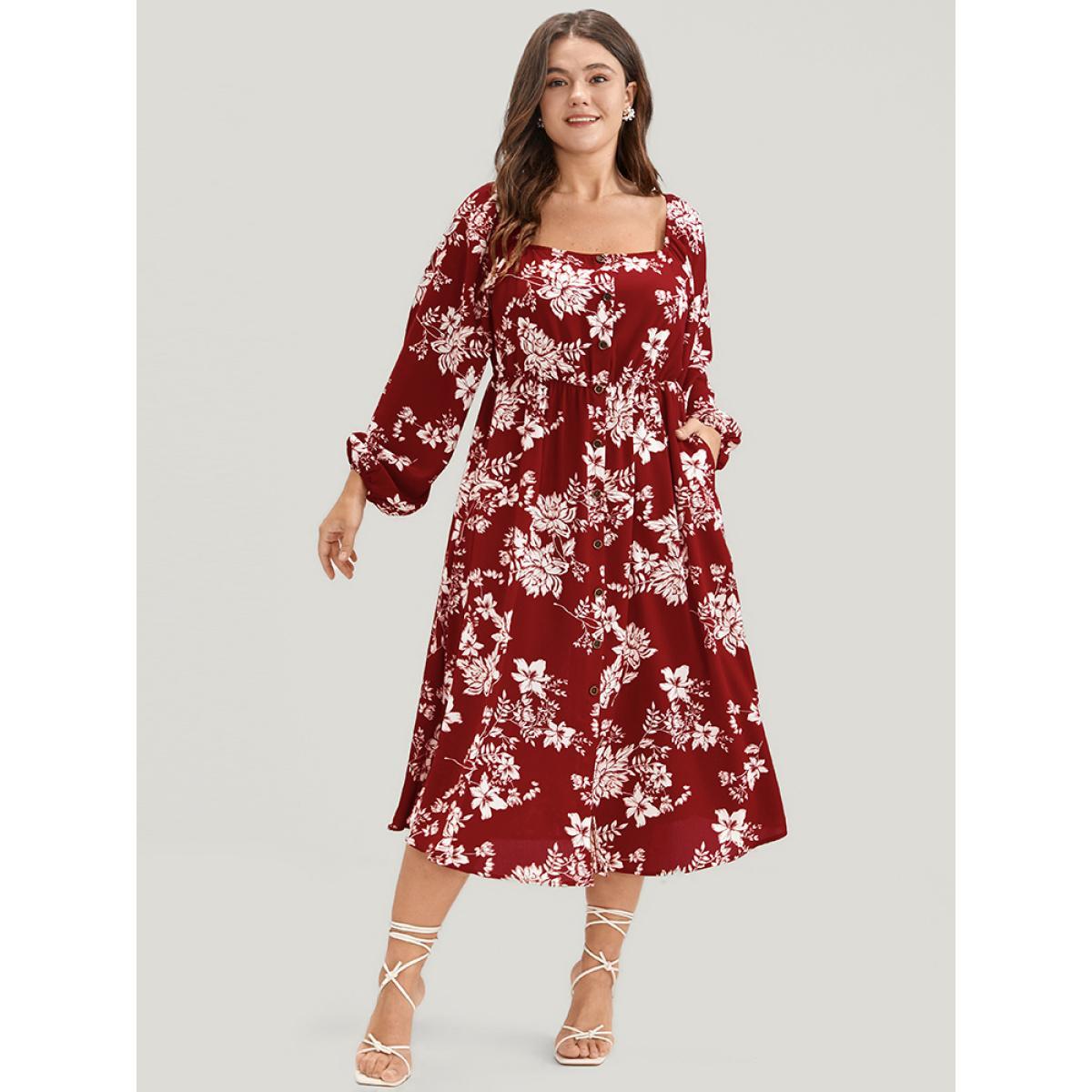 Plus Size Floral Square Neck Lantern Sleeve Pocket Button Detail Dress Rust Women Dating Printed Square Neck Long Sleeve Curvy Midi Dress BloomChic 10/M Product Image