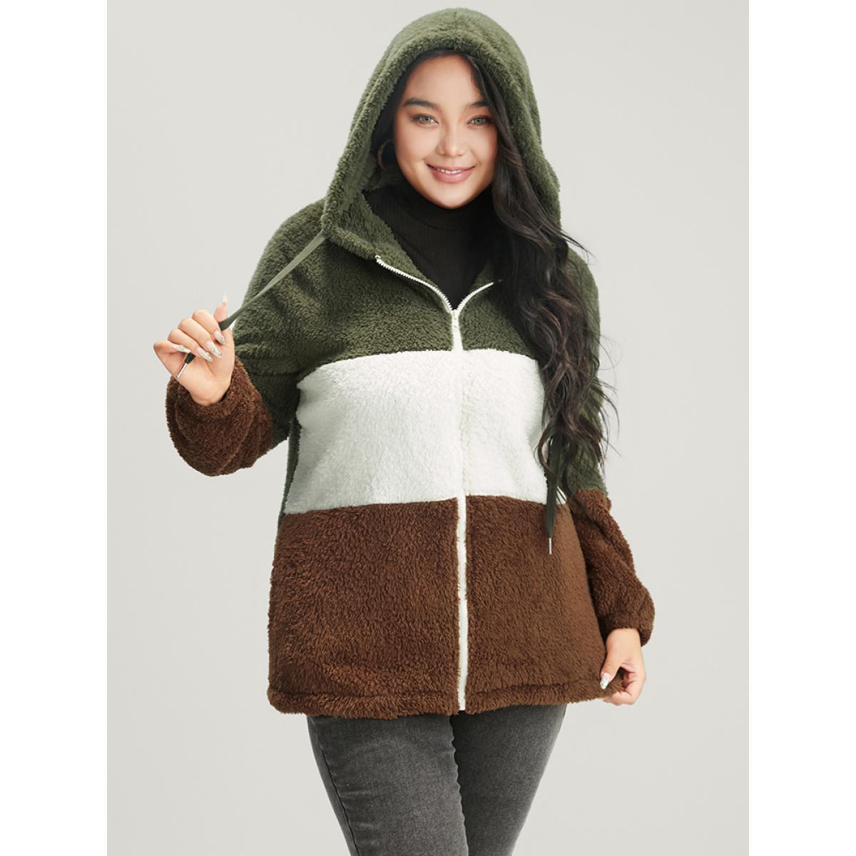 Plus Size Colorblock Contrast Pocket Zip Up Coat Women ArmyGreen Casual Contrast Ladies Dailywear Winter Coats BloomChic 14-16/1X Product Image