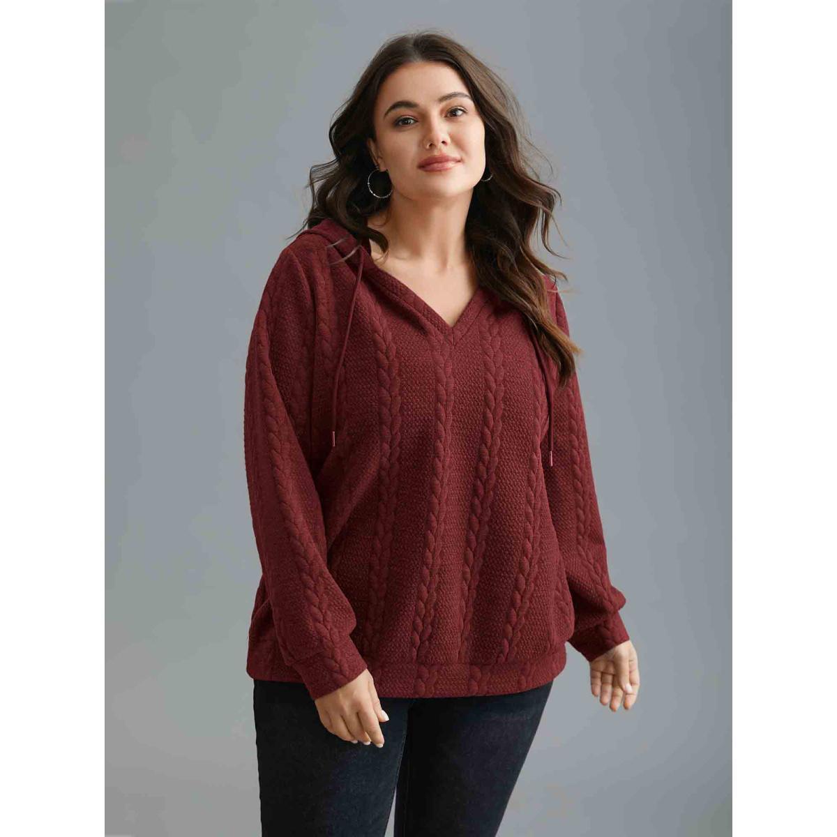 Plus Size Cable Knit V-Neck Ribbed Hem Hoodie Women Burgundy Casual Texture Hooded Everyday Sweatshirts BloomChic 22-24/3X Product Image