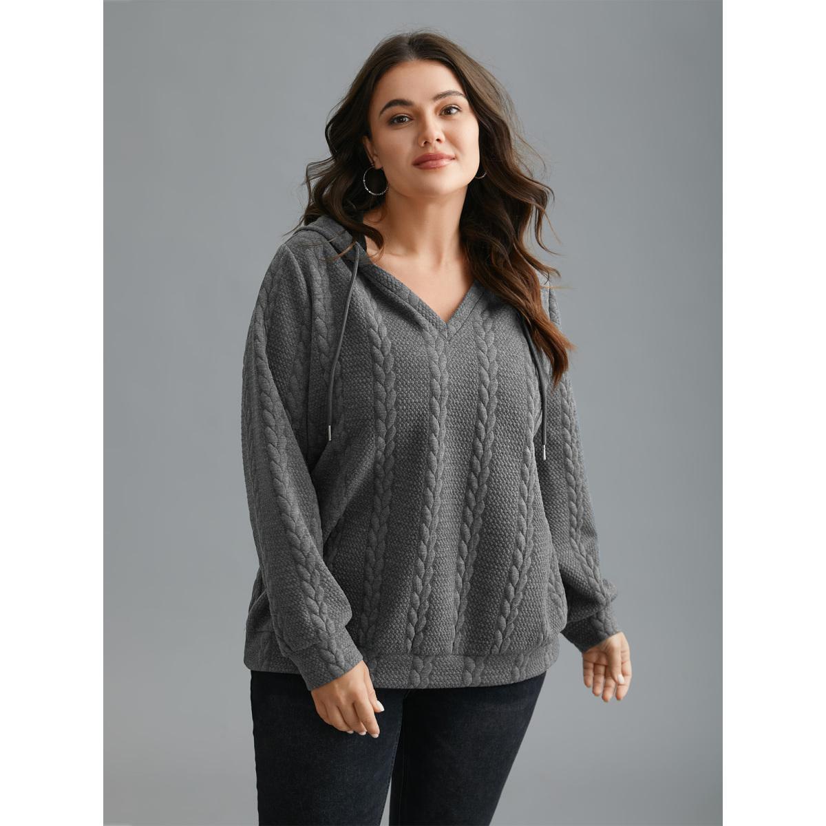 Plus Size Cable Knit V-Neck Ribbed Hem Hoodie Women DimGray Casual Texture Hooded Everyday Sweatshirts BloomChic 12/L Product Image