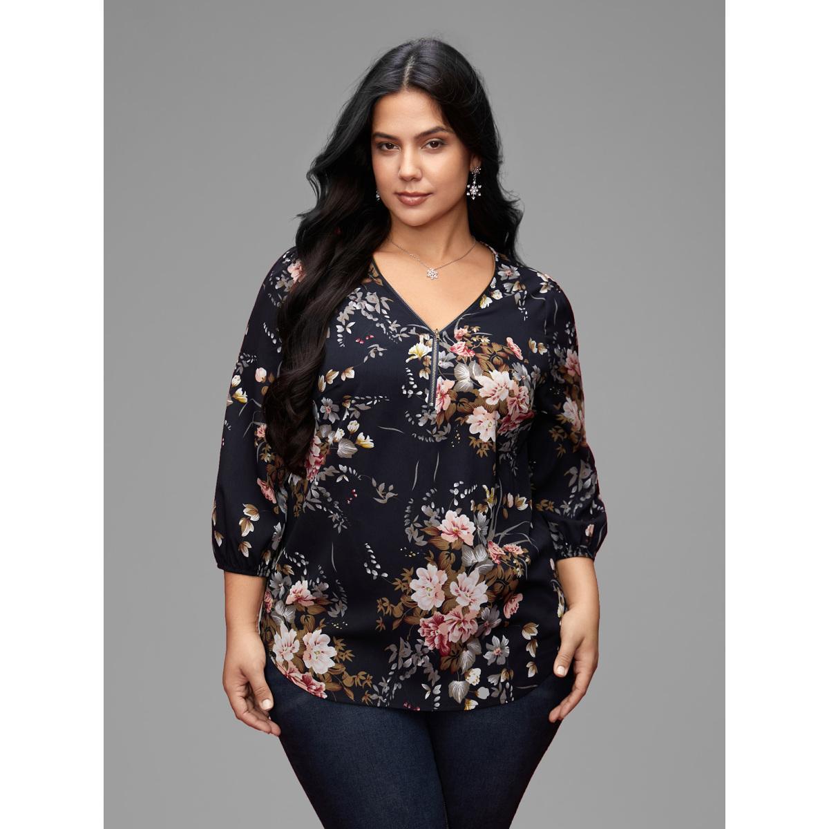 Plus Size Indigo Half Zipper Front Floral Blouse Women Elegant Elbow-length sleeve V-neck Everyday Blouses BloomChic 28/5X Product Image