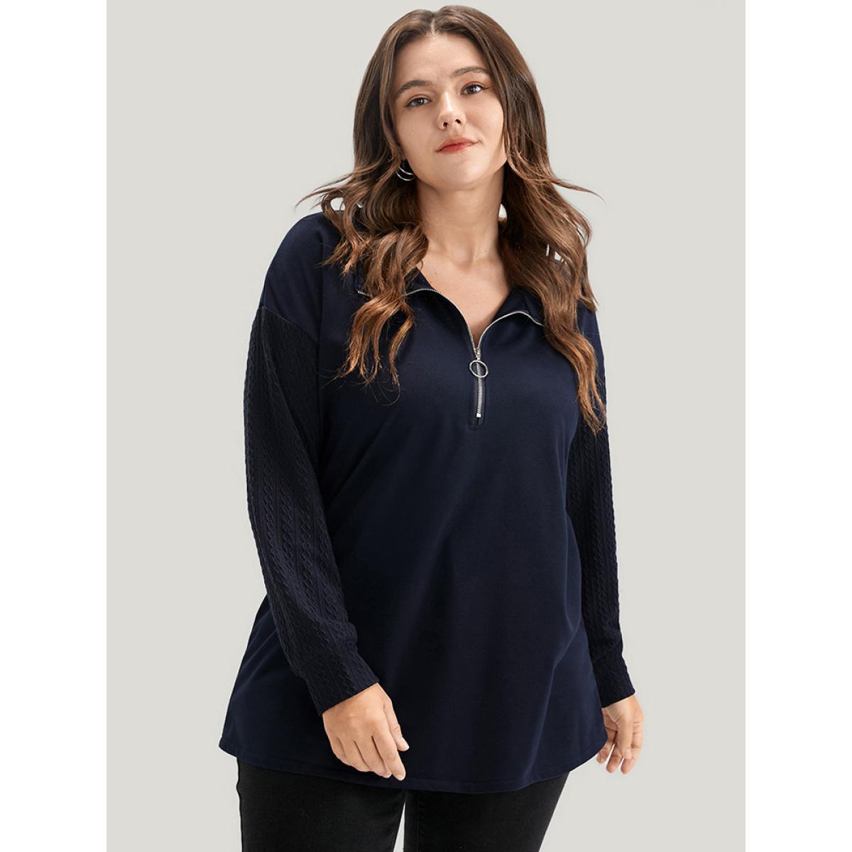 Plus Size Solid Drop Shoulder Zipper Lapel Collar Sweatshirt Women DarkBlue Casual Plain Lapel Collar Dailywear Sweatshirts BloomChic 18-20/2X Product Image