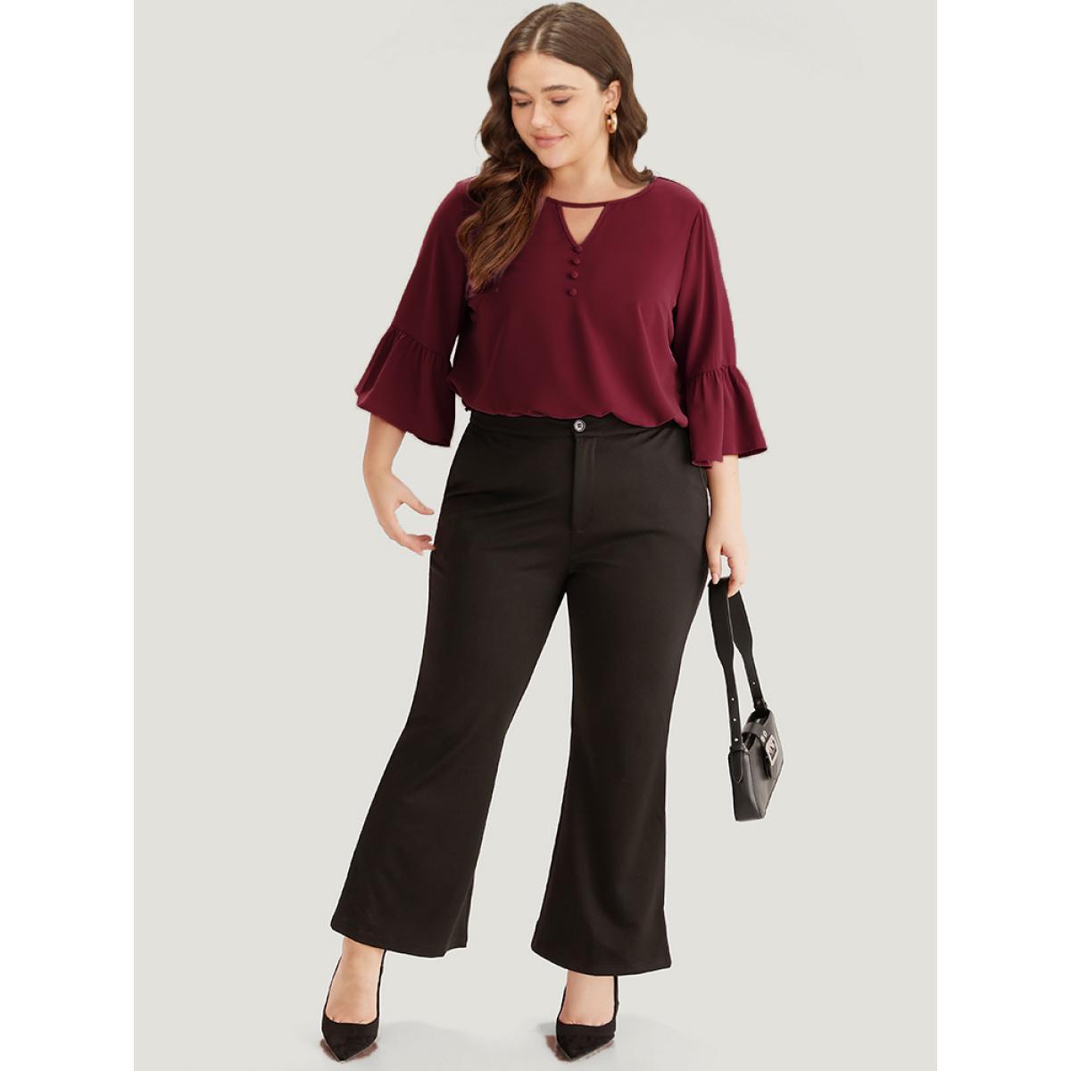 Plus Size Scarlet Plain Keyhole Bell Sleeve Button Detail Blouse Women Office Elbow-length sleeve V-neck Work Blouses BloomChic 14-16/1X Product Image
