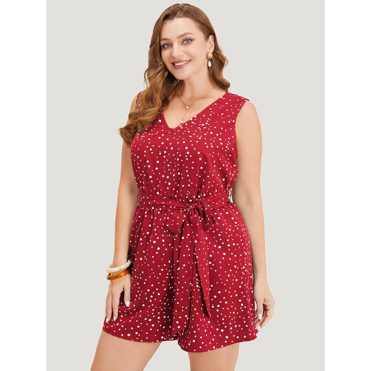 Plus Size Scarlet Polka Dot V Neck Pocket Sleeveless Belted Romper Women Elegant Sleeveless V-neck Everyday Loose Jumpsuits BloomChic 12/L Product Image