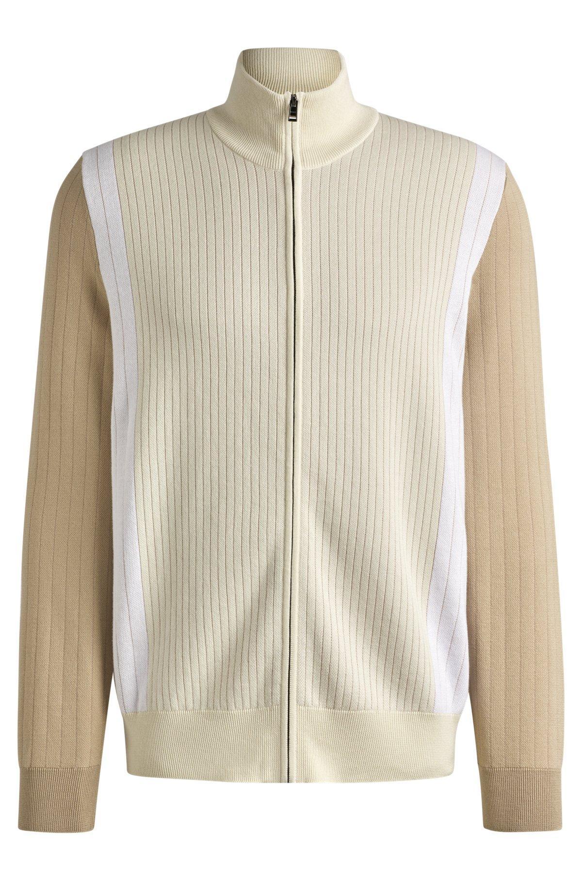 Zip-up cotton cardigan with knitted pinstripes Product Image