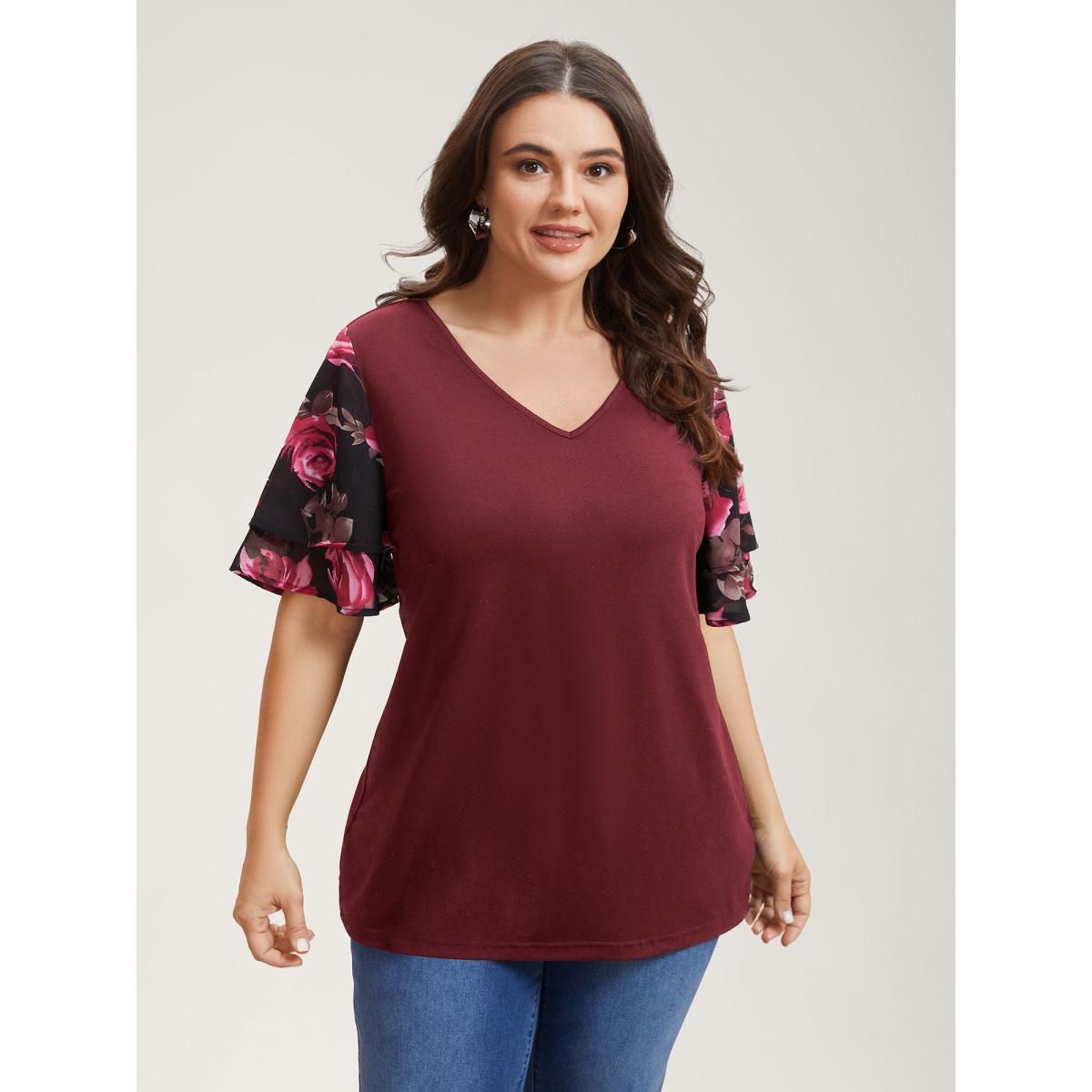 Plus Size Stretchy Floral Lotus Sleeve V-Neck T-Shirt Burgundy Women Casual Contrast Round Neck Everyday T-shirts BloomChic 26/4X Product Image