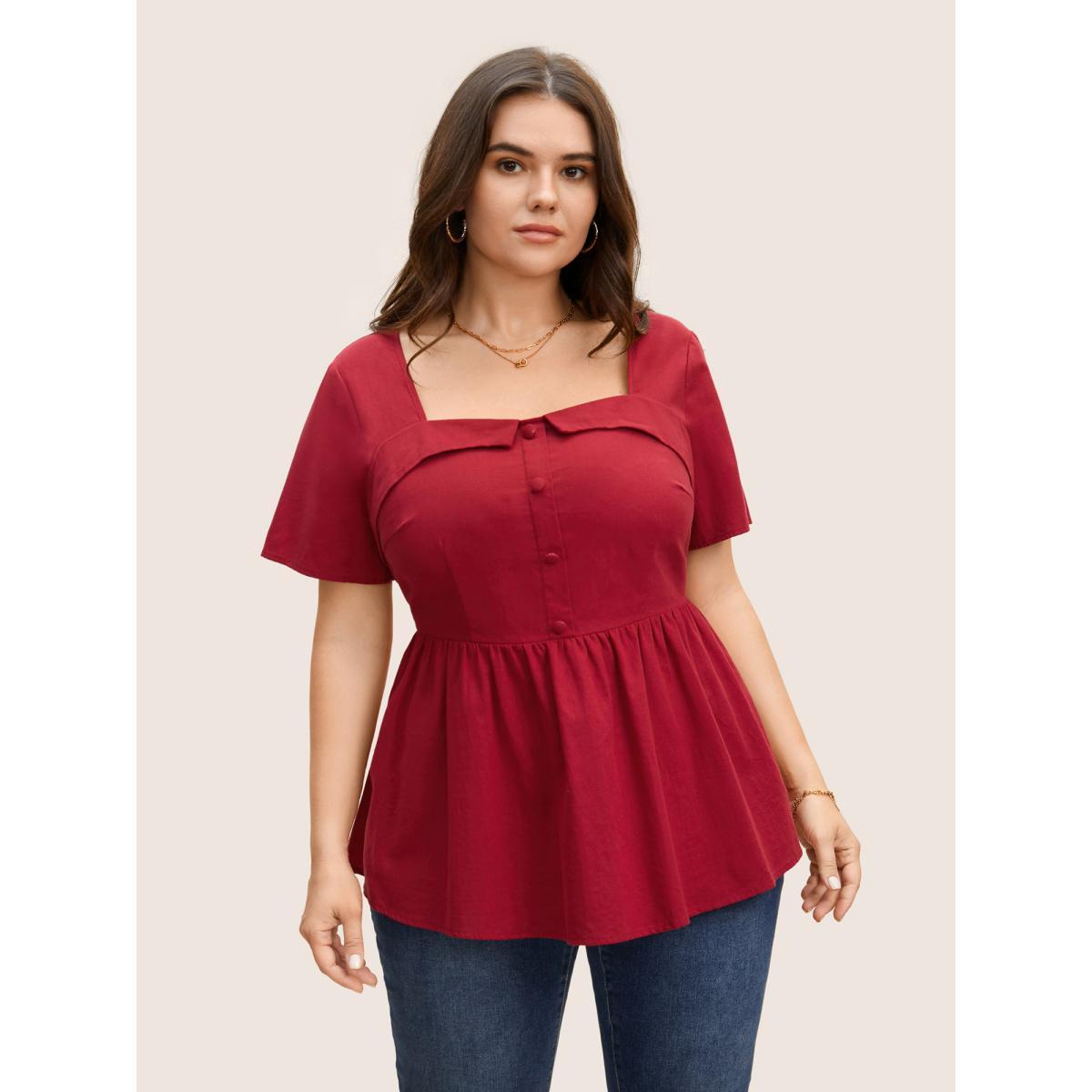 Plus Size Raspberry Square Neck Button Detail Shirred Blouse Women Elegant Short sleeve Square Neck Everyday Blouses BloomChic 14-16/1X Product Image