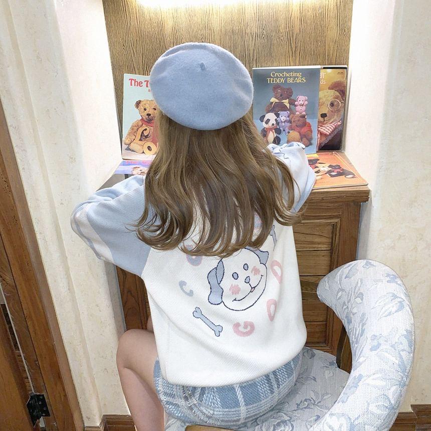 Raglan Sleeve Dog Print Knit Top Product Image