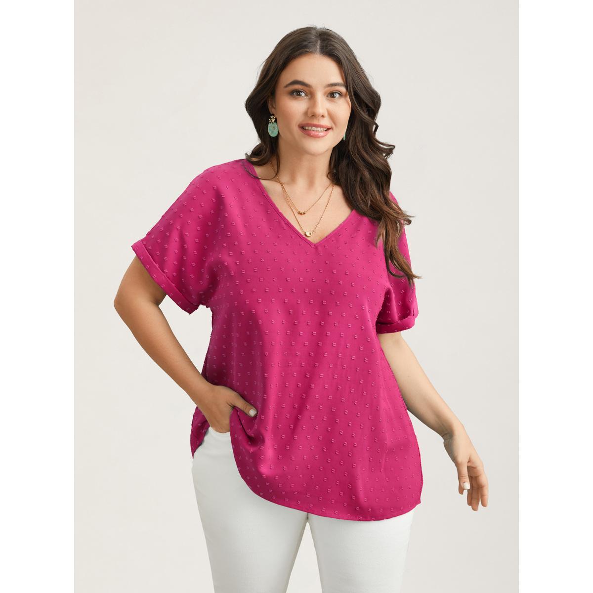 Plus Size RedViolet Back-Button Textured V-Neck Shirt Women Elegant Short sleeve V-neck Everyday Blouses BloomChic 26/4X Product Image
