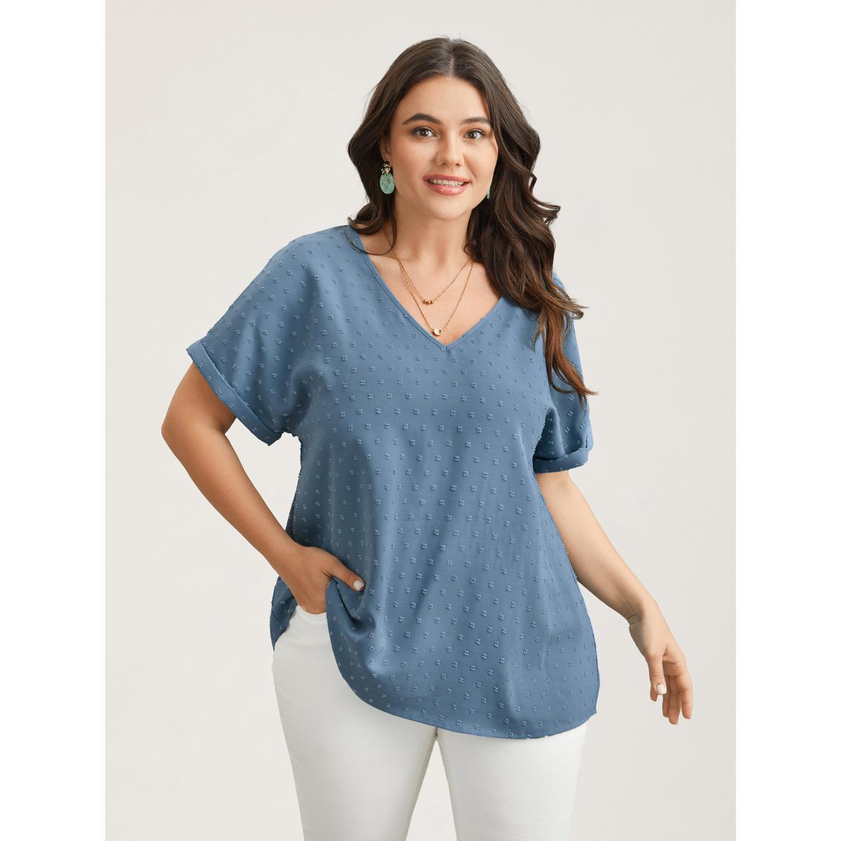 Plus Size Stone Back-Button Textured V-Neck Shirt Women Elegant Short sleeve V-neck Everyday Blouses BloomChic 22-24/3X Product Image