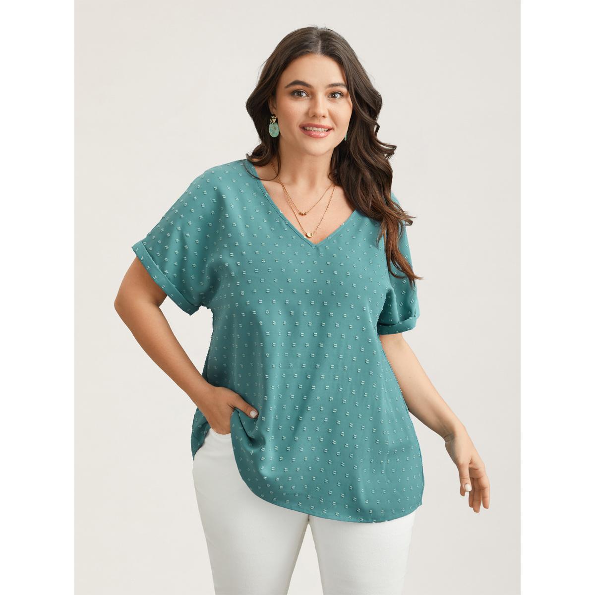 Plus Size Teal Back-Button Textured V-Neck Shirt Women Elegant Short sleeve V-neck Everyday Blouses BloomChic 22-24/3X Product Image