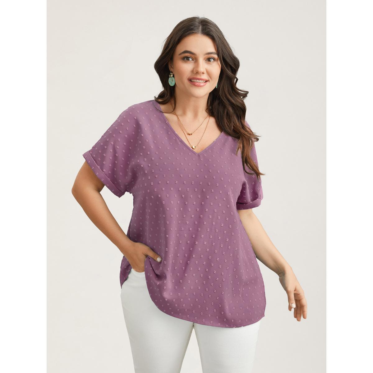 Plus Size Mauve Back-Button Textured V-Neck Shirt Women Elegant Short sleeve V-neck Everyday Blouses BloomChic 28/5X Product Image
