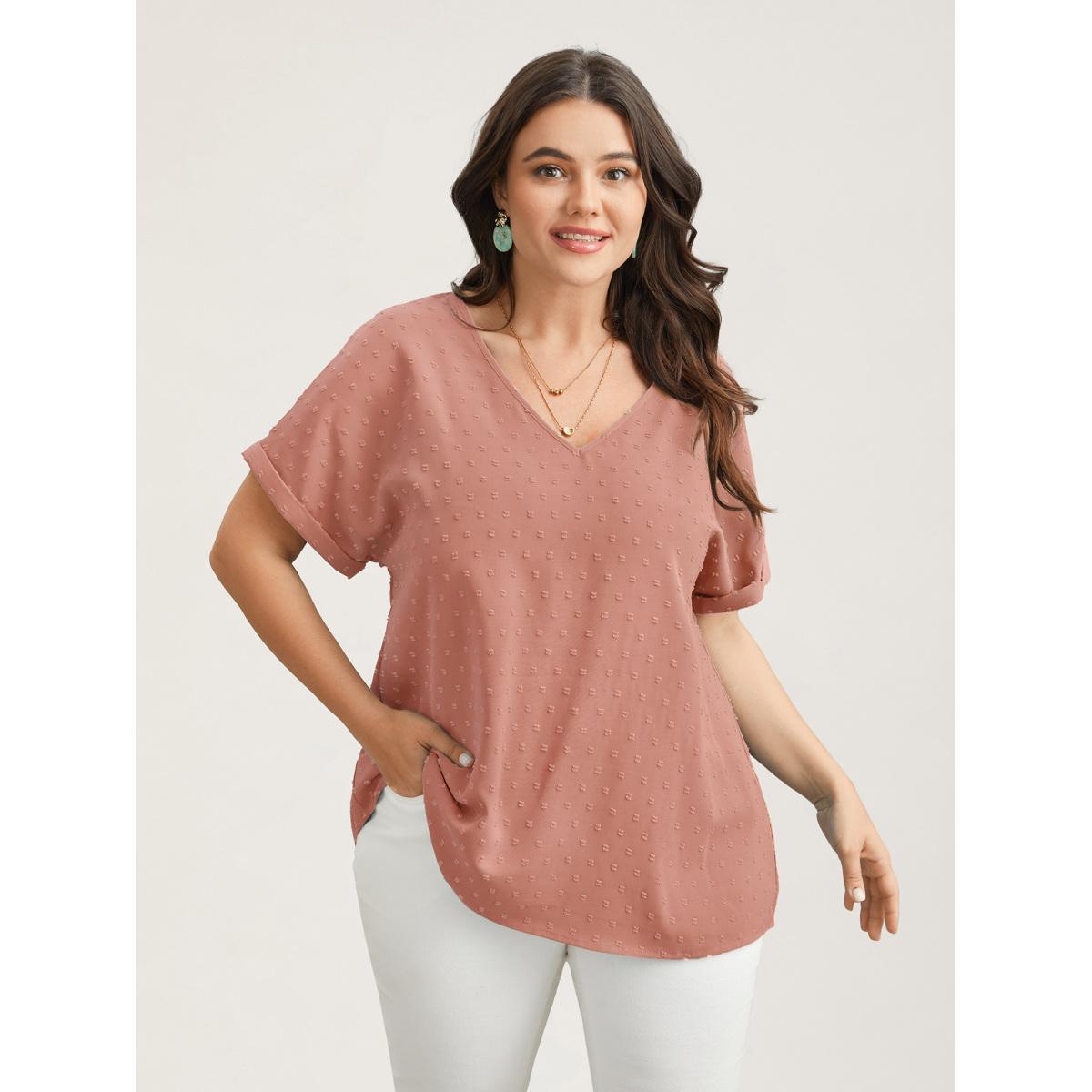 Plus Size Crepe Back-Button Textured V-Neck Shirt Women Elegant Short sleeve V-neck Everyday Blouses BloomChic 14-16/1X Product Image