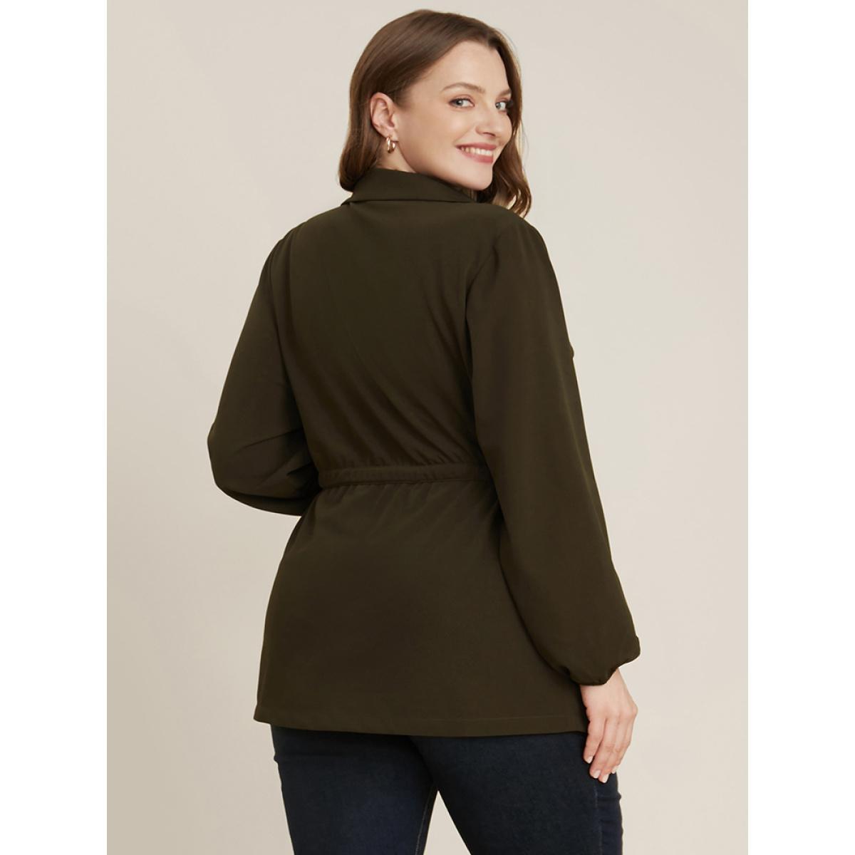 Plus Size ArmyGreen Solid Suit Collar Lantern Sleeve Button Up Drawstring Blouse Women Office Long Sleeve Suit Collar Work Blouses BloomChic 28/5X Product Image