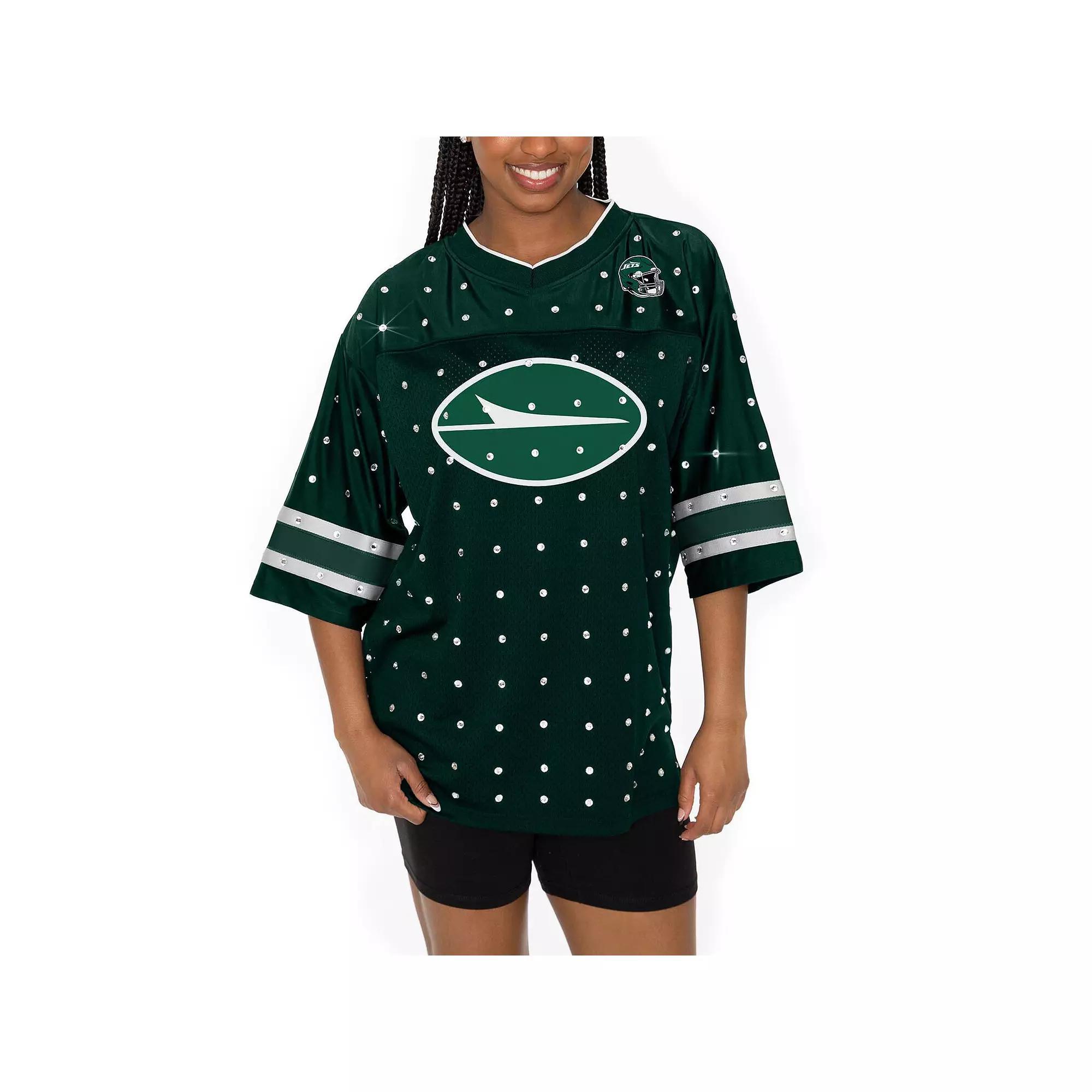 Women's Gameday Couture Green New York Jets Kickoff Time Allover Rhinestone Sports Stripe Jersey V-Neck T-Shirt, Size: XS Product Image