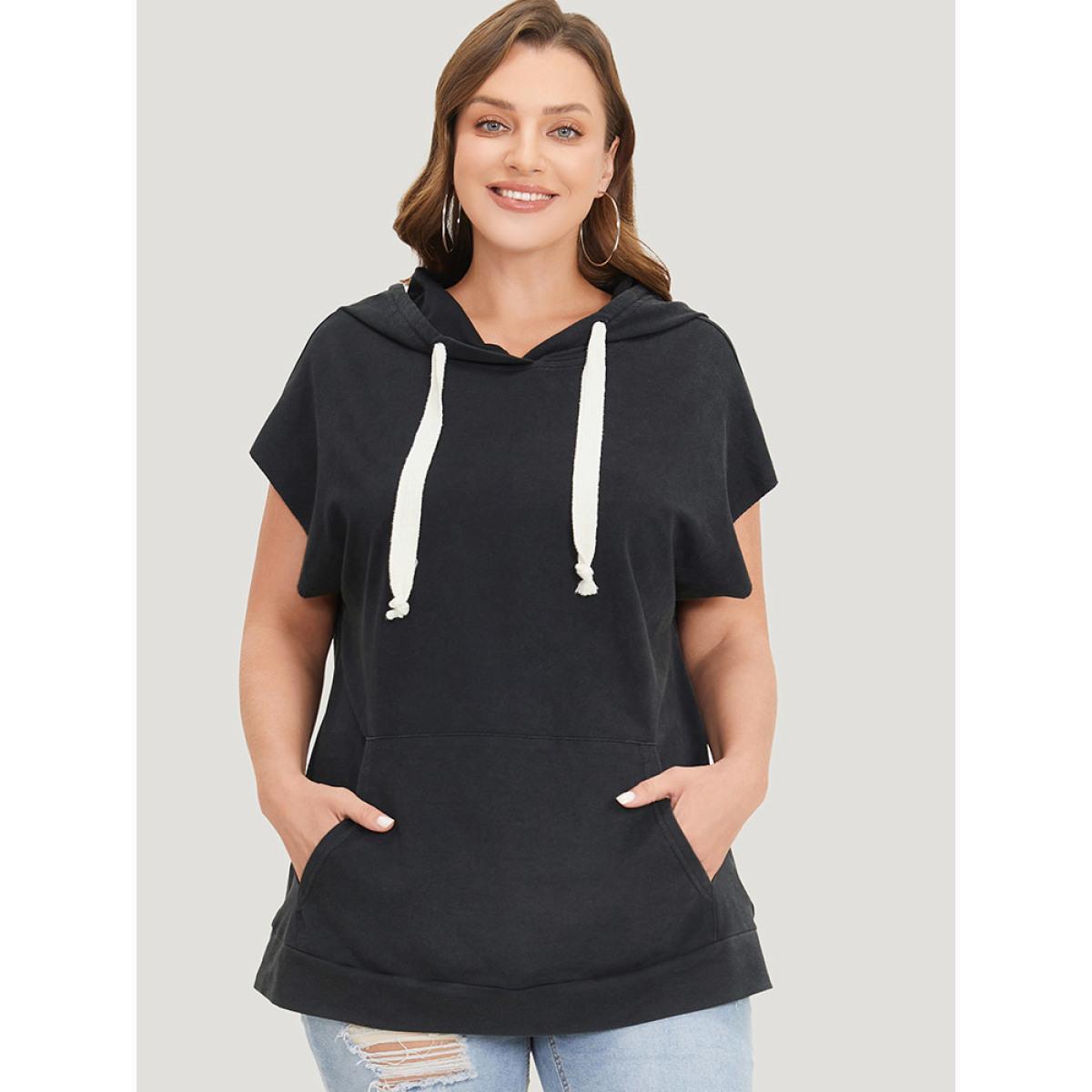 Plus Size Hooded Ties Pocket Batwing Sleeve T-shirt Black Women Casual Cross straps Plain Hooded Dailywear T-shirts BloomChic 14-16/1X Product Image