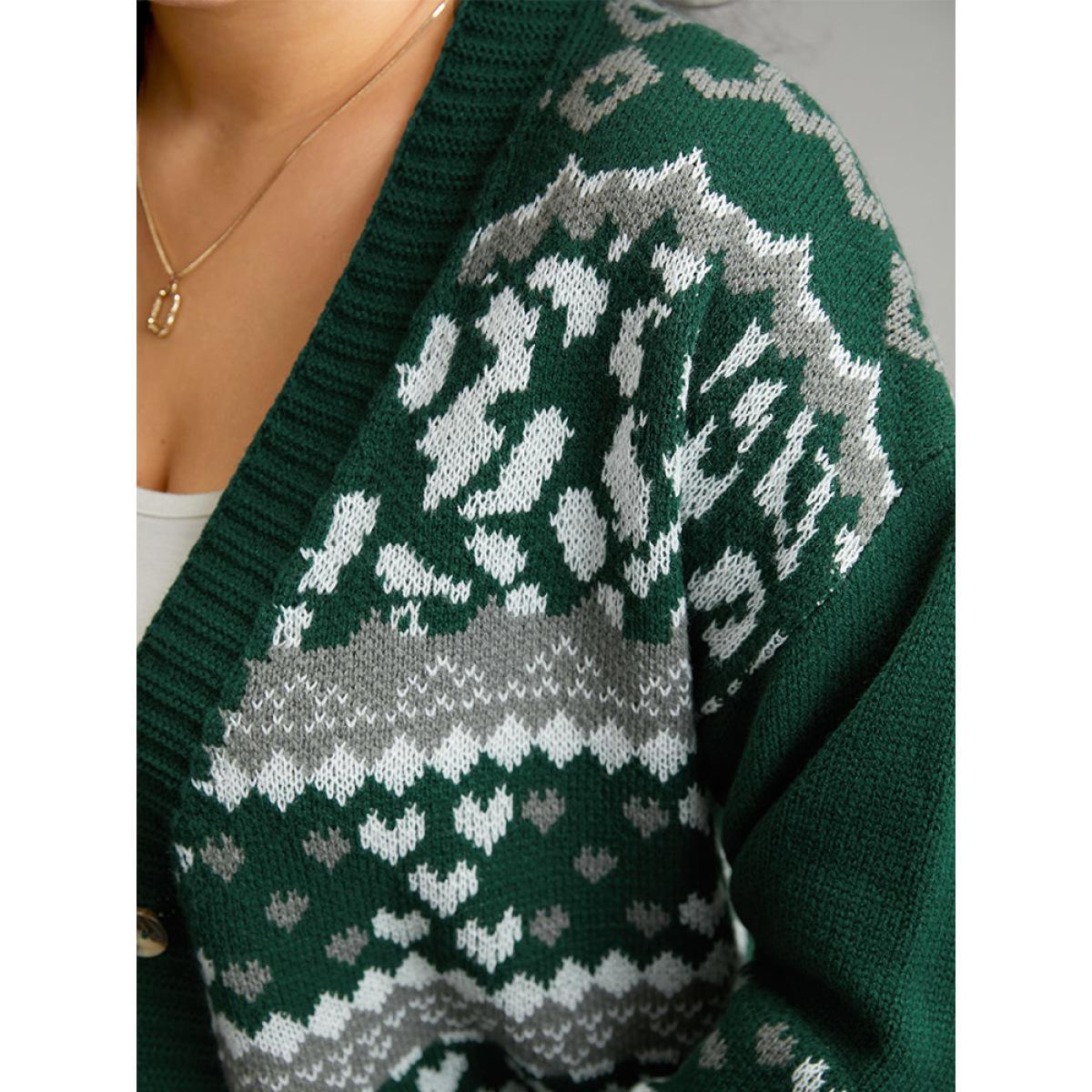 Plus Size Christmas Jacquard Button Up Pocket Cardigan DarkGreen Women Casual Loose Long Sleeve Festival-Christmas Cardigans BloomChic 28/5X Product Image