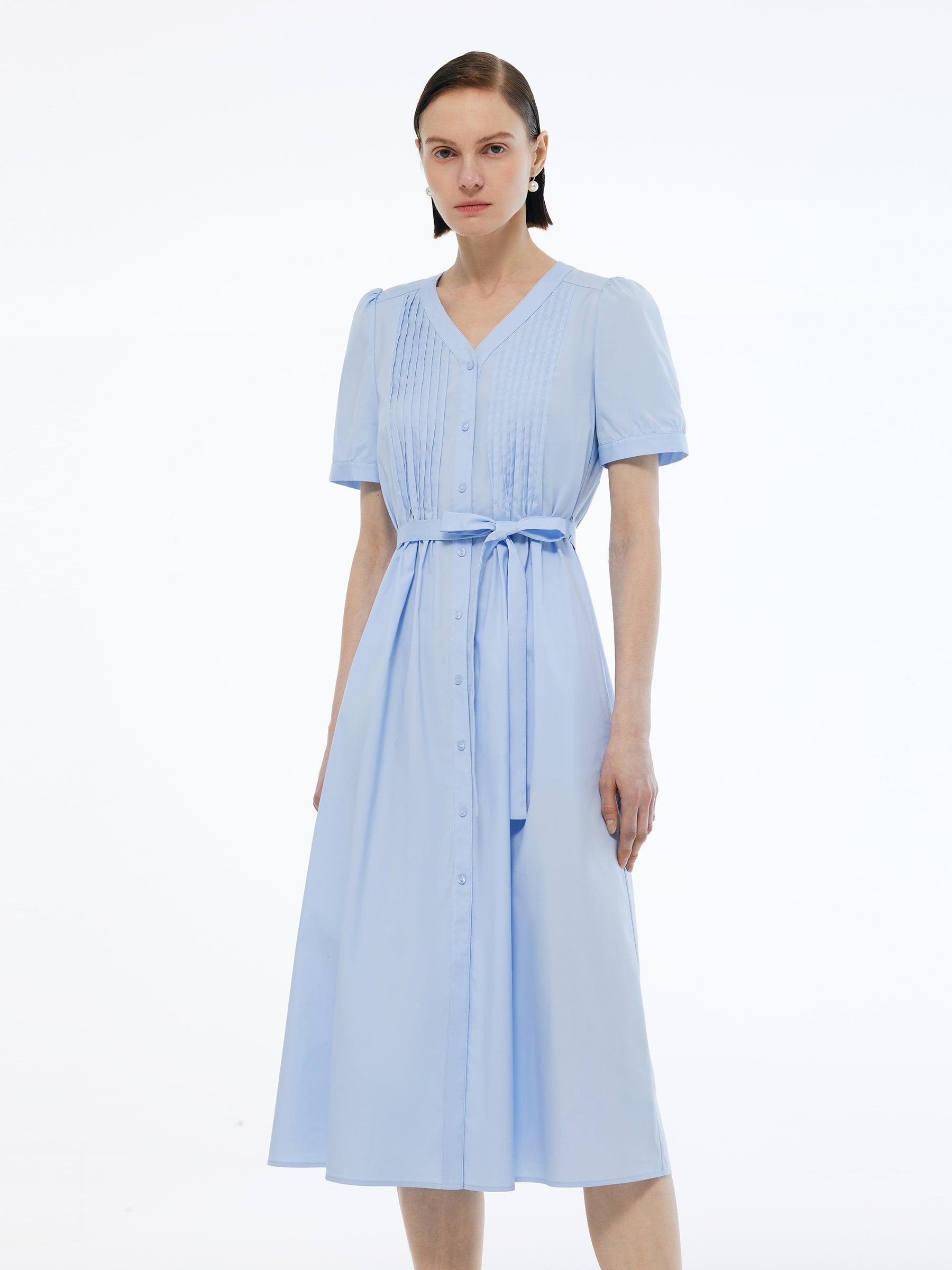 V-Neck Pleat Front Women A-Line Tie Belt Midi Dress Product Image