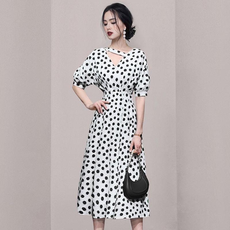 Puff Sleeve V-Neck Dotted Strapped Midi A-Line Dress Product Image