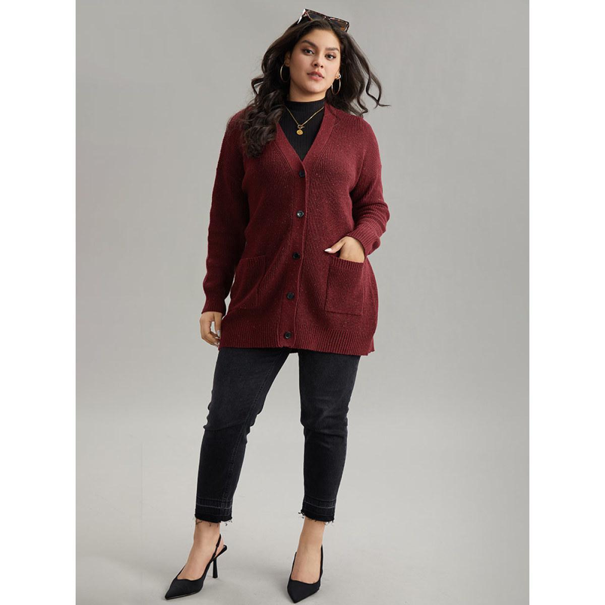 Plus Size Plisse Plain Button Fly Patched Pocket Cardigan Scarlet Women Casual Loose Long Sleeve Everyday Cardigans BloomChic 14-16/1X Product Image