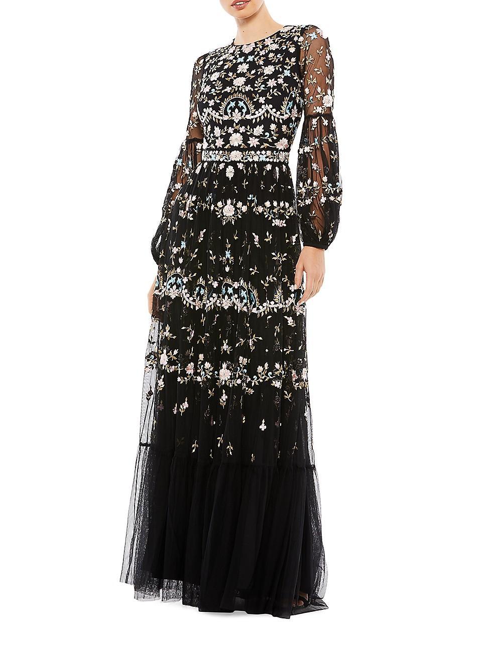 Mac Duggal Long Sheer Sleeve Crew Neck Floral Print Embroidered Tiered A Product Image