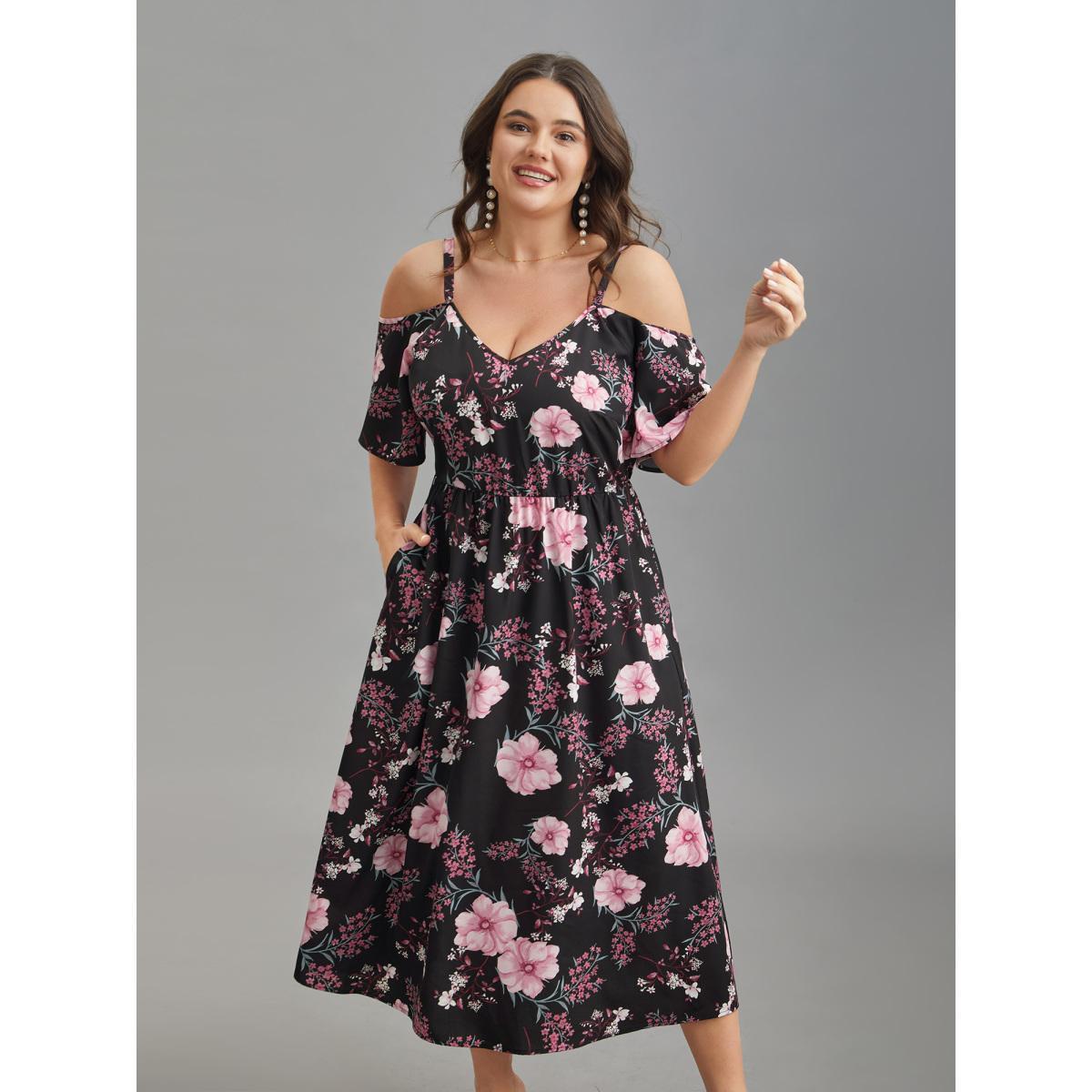 Plus Size Floral Print Cold-Shoulder Pockets Midi Dress Black Women Elegant Non Heart neckline Short sleeve Curvy BloomChic 12/L Product Image