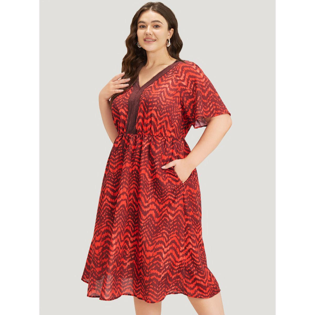 Plus Size Water Ripple Pocket Ruffle Sleeve Lace Dress Scarlet Women Elegant Gathered V-neck Short sleeve Curvy Midi Dress BloomChic 28/5X Product Image