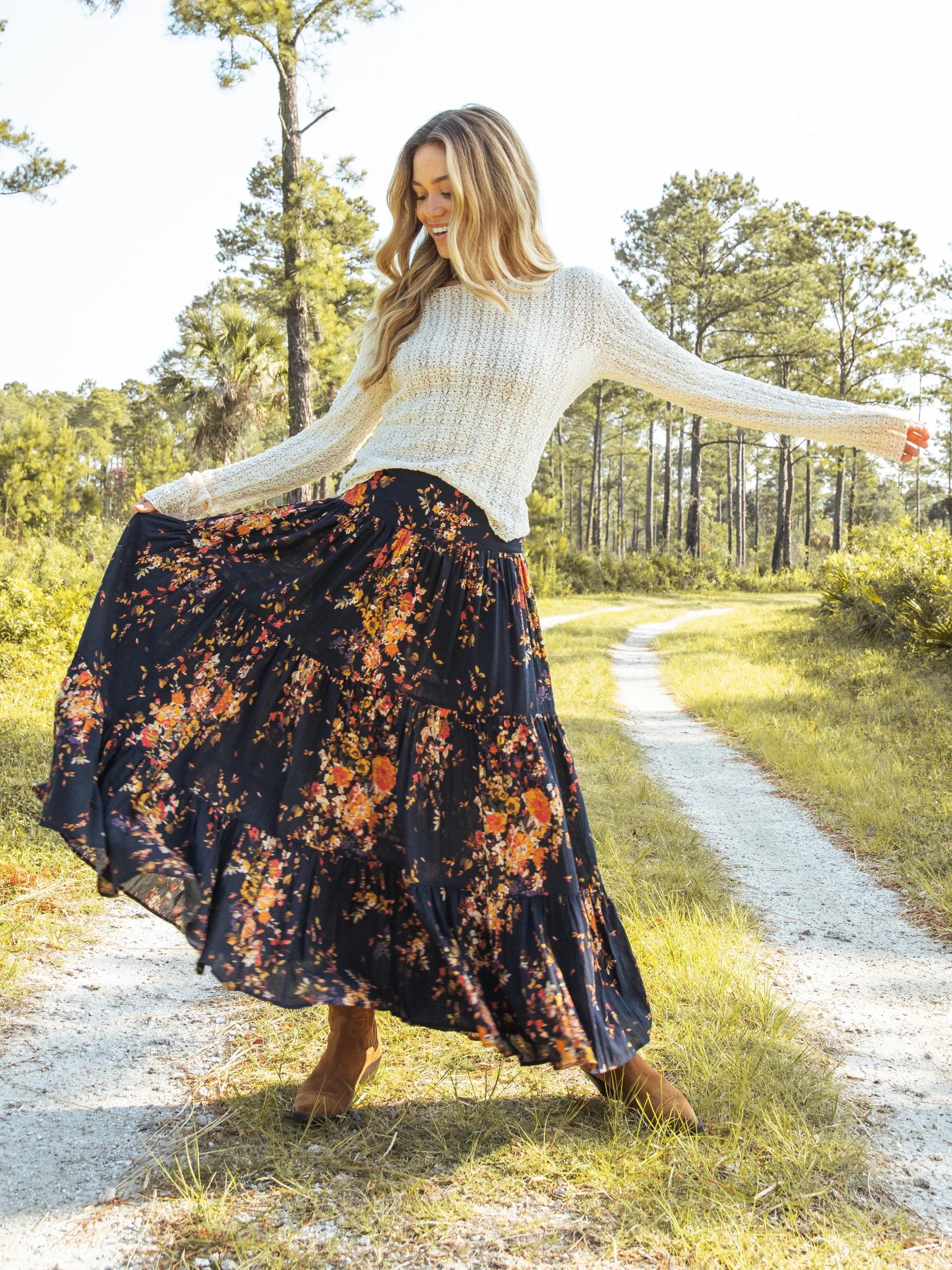 Hanna Convertible Maxi Skirt - Navy Red Bouquets Product Image
