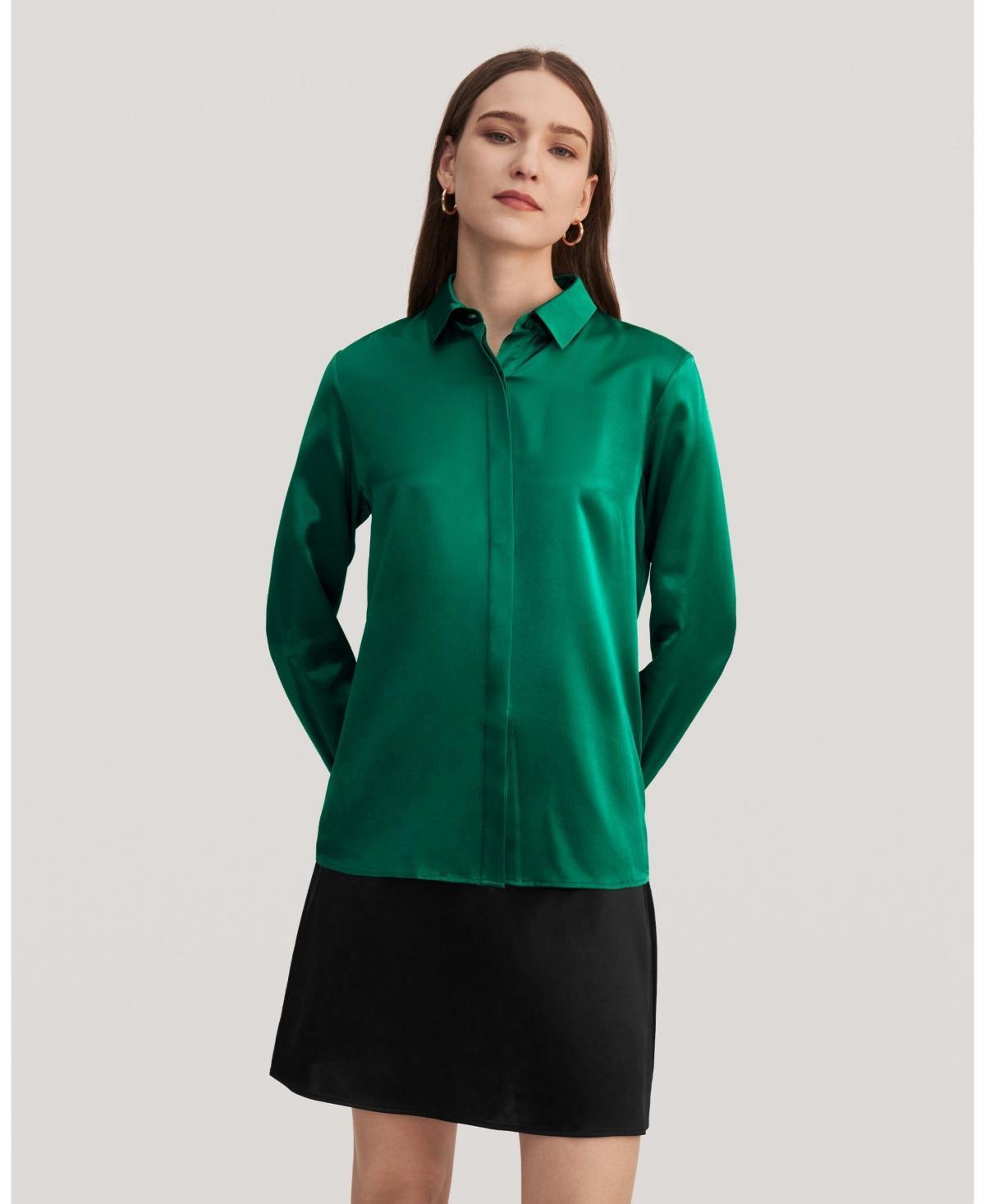 LILYSILK Business Blue Silk Shirt | Plain Long Sleeves Style | Silk for Women Navy Free of Harmful Chemicals Regular L Product Image