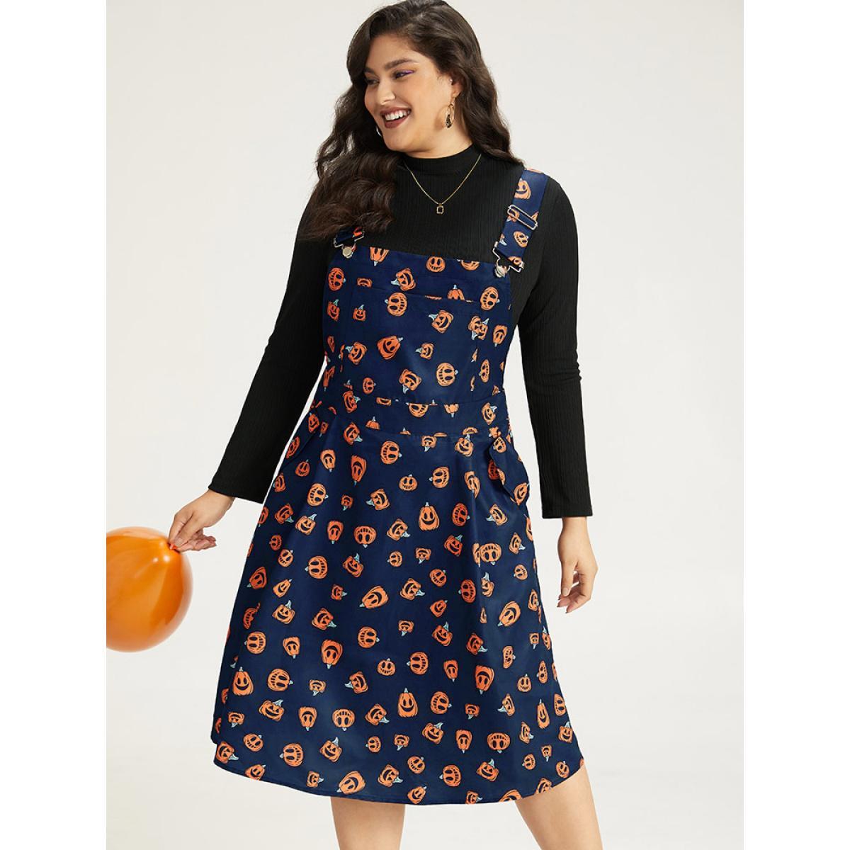 Plus Size Halloween Pocket Pumpkin Print Overall Cami Dress DarkGreen Women Casual Adjustable Straps Spaghetti Strap Sleeveless Curvy Midi Dress BloomChic 18-20/2X Product Image