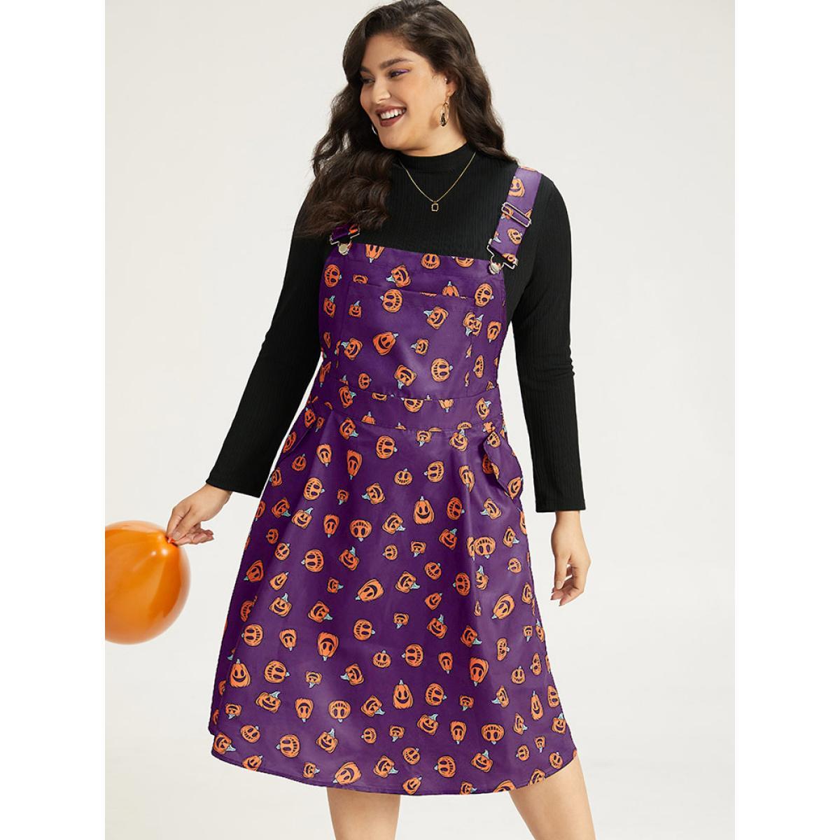 Plus Size Halloween Pocket Pumpkin Print Overall Cami Dress Purple Women Casual Adjustable Straps Spaghetti Strap Sleeveless Curvy Midi Dress BloomChic 28/5X Product Image