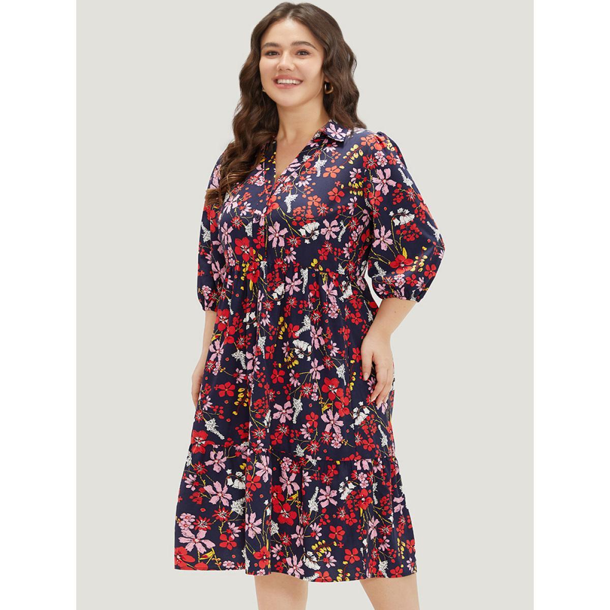Plus Size Floral Print Shirt Collar Ruffled Hem Dress DarkBlue Women Elegant Elastic cuffs Shirt collar Elbow-length sleeve Curvy Midi Dress BloomChic 22-24/3X Product Image