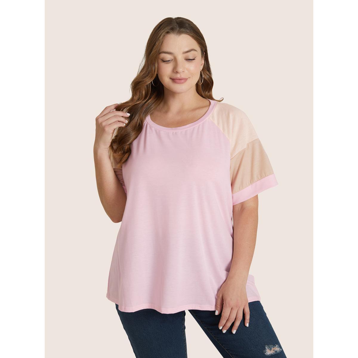 Plus Size Colorblock Contrast Crew Neck Raglan Sleeve T-shirt Crepe Women Casual Contrast Colorblock Everyday T-shirts BloomChic 18-20/2X Product Image