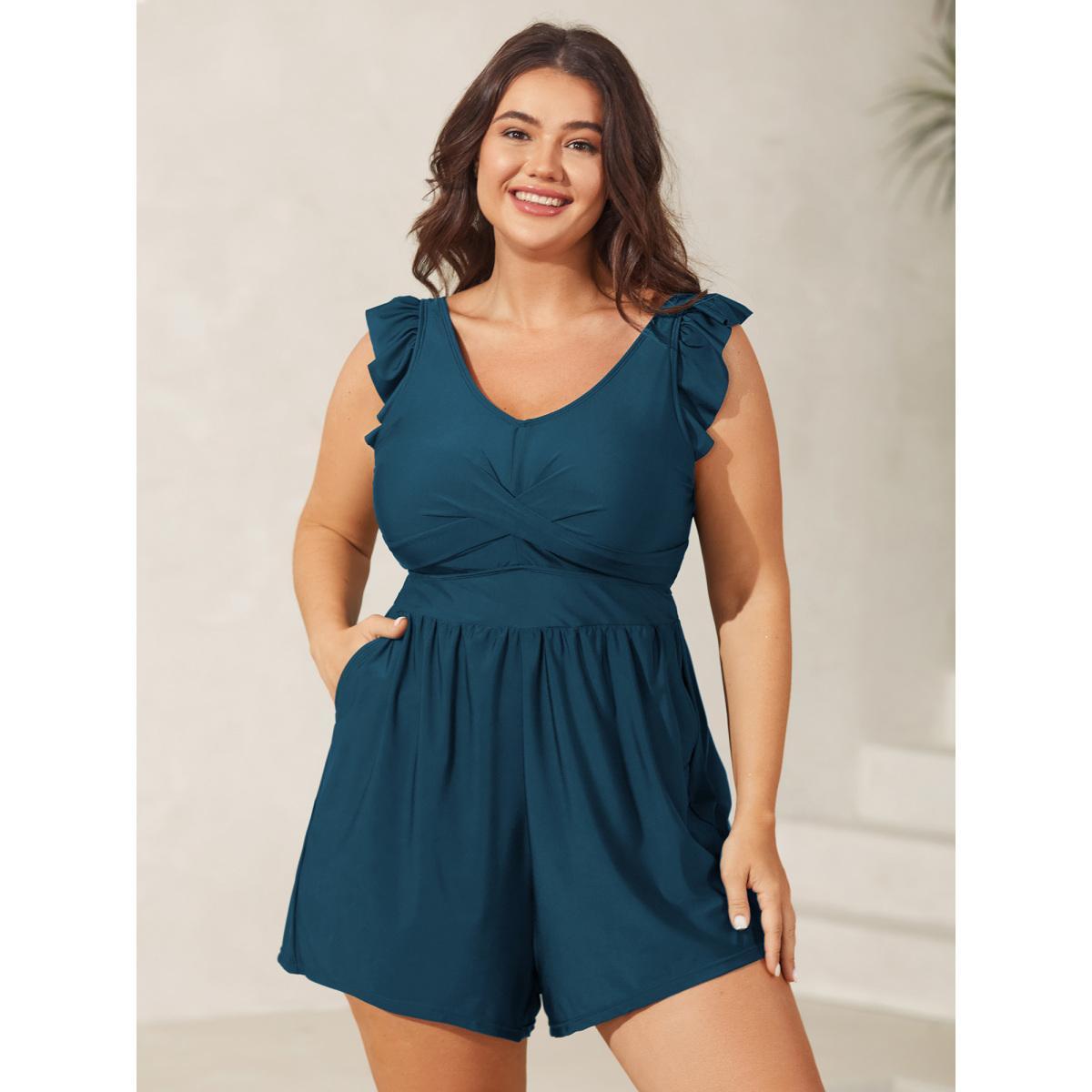 Plus Size Twist Front Ruffled One-Piece Swimsuit Women's Swimwear Black Beach Twist Curve Bathing Suits High stretch One Pieces BloomChic 12/L Product Image