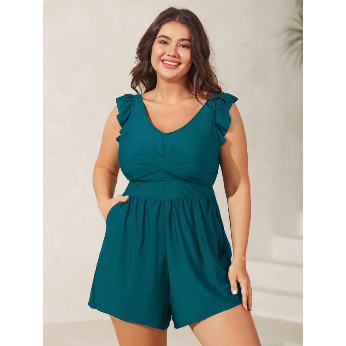 Plus Size Twist Front Ruffled One-Piece Swimsuit Women's Swimwear Aegean Beach Twist Curve Bathing Suits High stretch One Pieces BloomChic 18-20/2X Product Image