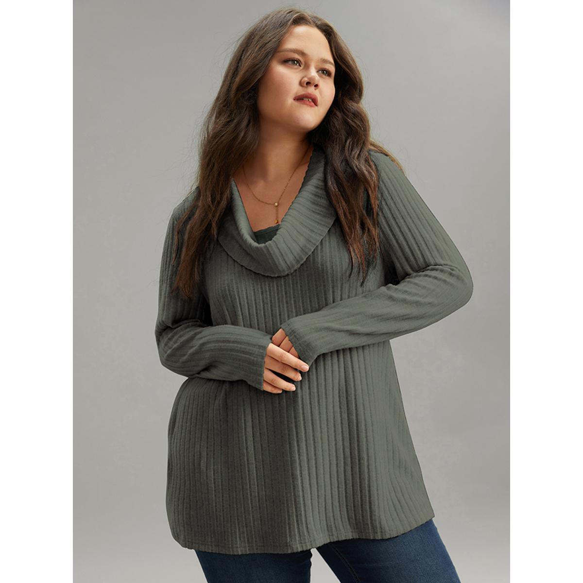 Plus Size Plain Rib Knit Cowl Neck T-shirt Green Women Elegant Texture Plain Ruffled collar Dailywear T-shirts BloomChic 10/M Product Image