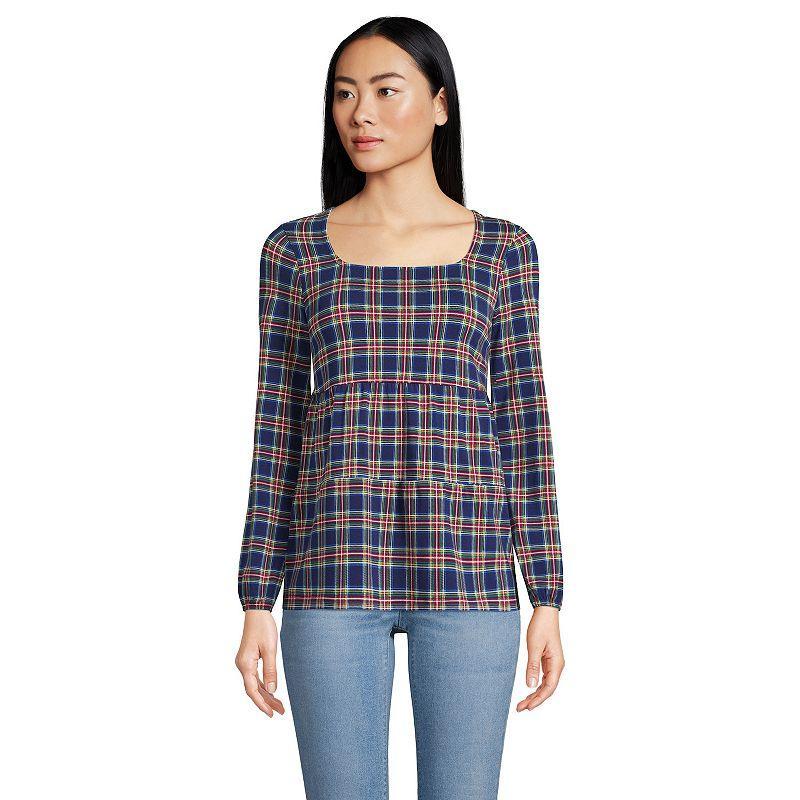 Petite Lands' End Squareneck Tiered Top, Women's, Size: Large Petite, Blue Highland Plaid Product Image