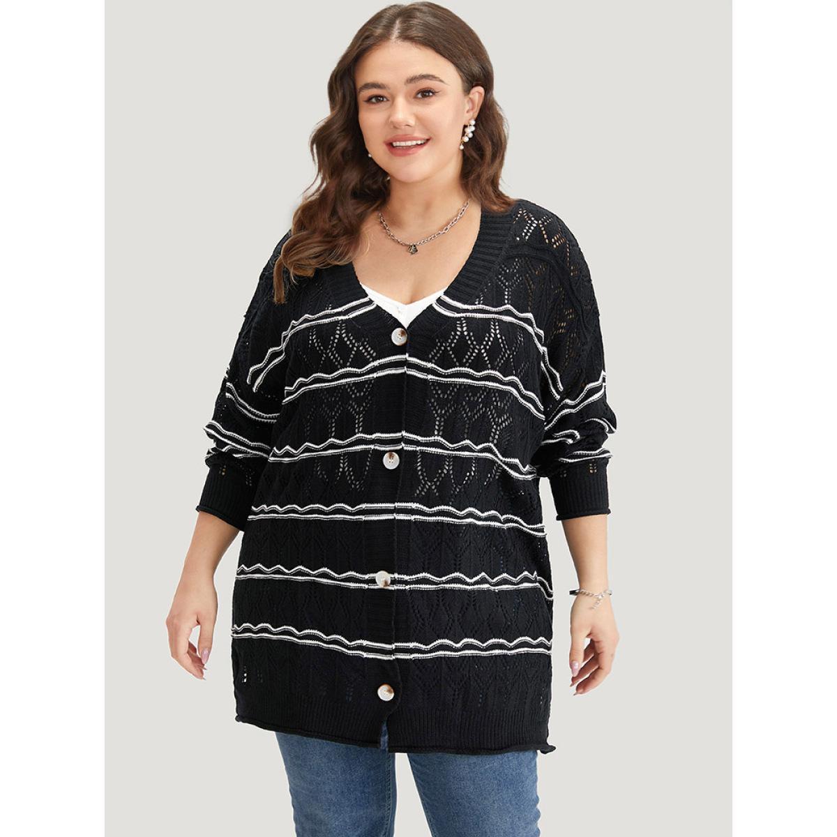 Plus Size Striped Geometric Button Through Cardigan Black Women Casual Loose Long Sleeve Dailywear Cardigans BloomChic 22-24/3X Product Image