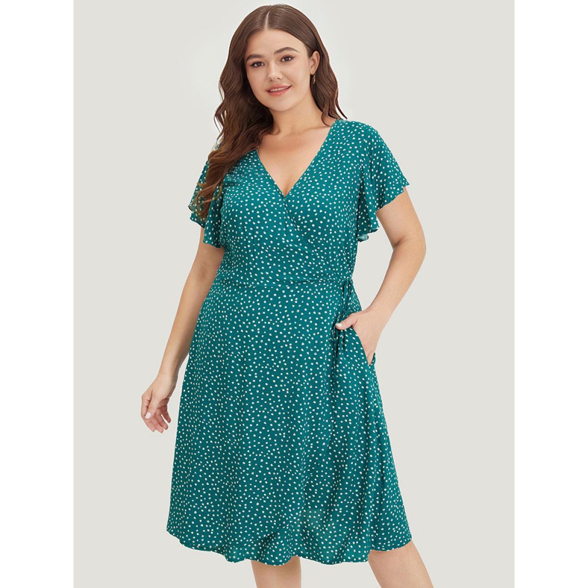 Plus Size Polka Dot Ties Wrap Hem Ruffle Cap Sleeve Dress Emerald Women Elegant Cross straps V-neck Cap Sleeve Curvy Knee Dress BloomChic 26/4X Product Image