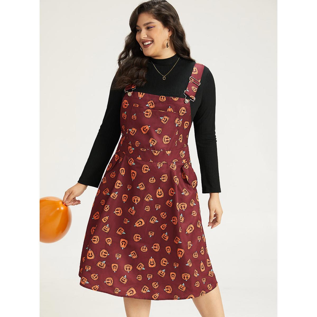 Plus Size Halloween Pocket Pumpkin Print Overall Cami Dress Purple Women Casual Adjustable Straps Spaghetti Strap Sleeveless Curvy Midi Dress BloomChic 30/6X Product Image