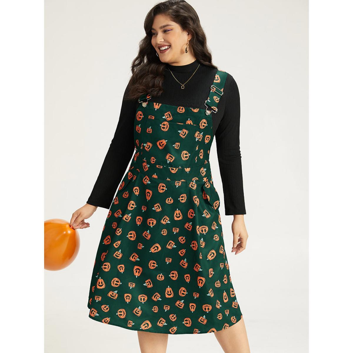 Plus Size Halloween Pocket Pumpkin Print Overall Cami Dress Black Women Casual Adjustable Straps Spaghetti Strap Sleeveless Curvy Midi Dress BloomChic 28/5X Product Image