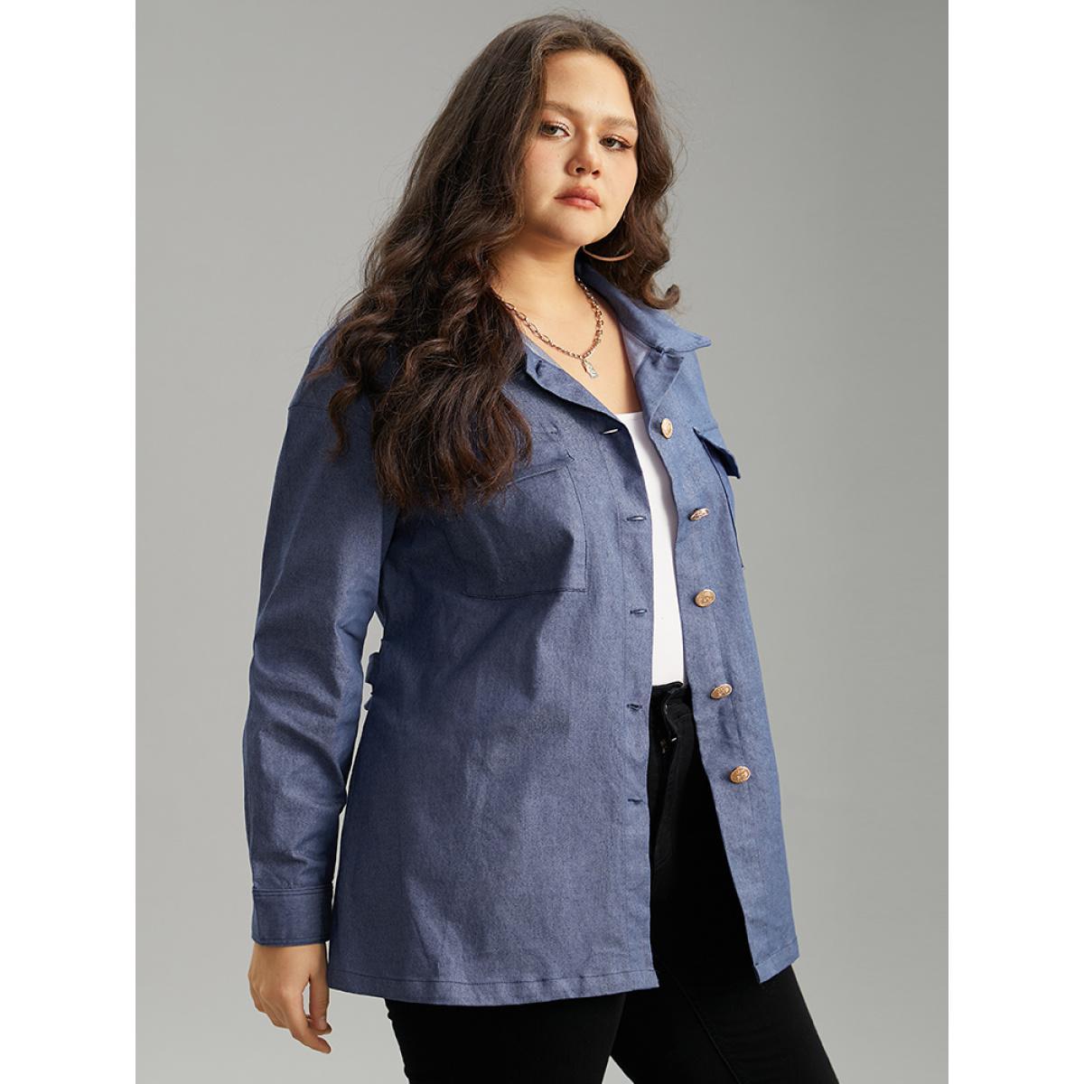 Plus Size Plain Ties Pocket Button Through Shacket Women Indigo Casual Plain Ladies Dailywear Winter Coats BloomChic 18-20/2X Product Image