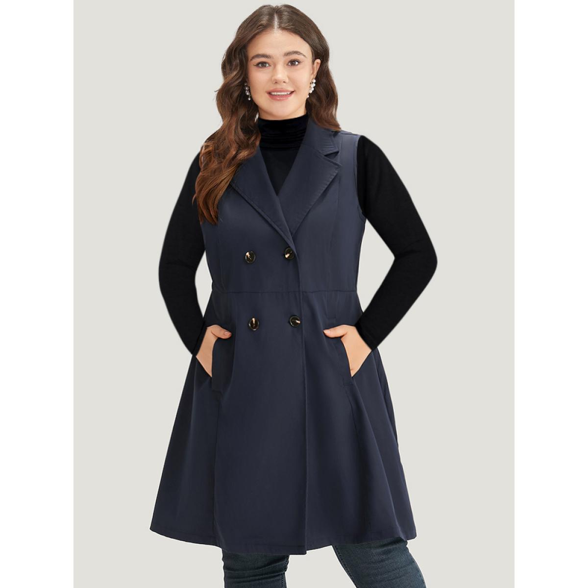 Plus Size Plain Pocket Button Through Suit Collar Coat Women DarkBlue Casual Plain Ladies Dailywear Winter Coats BloomChic 12/L Product Image