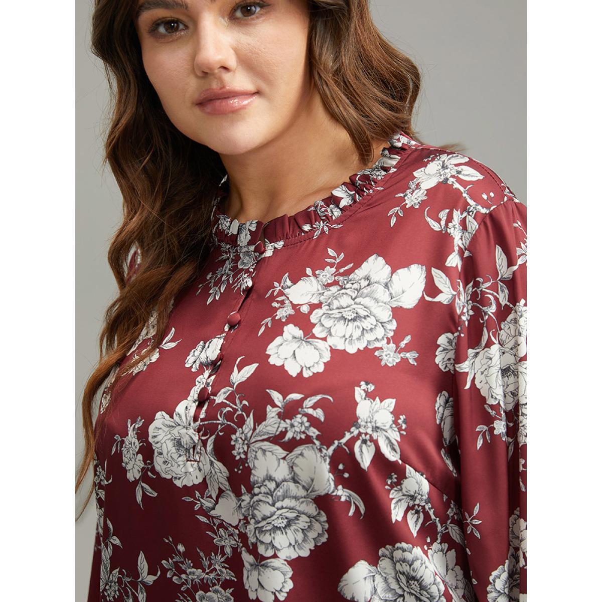 Plus Size Scarlet Silhouette Floral Print Frill Trim Button Detail Blouse Women Elegant Long Sleeve Round Neck Dailywear Blouses BloomChic 18-20/2X Product Image